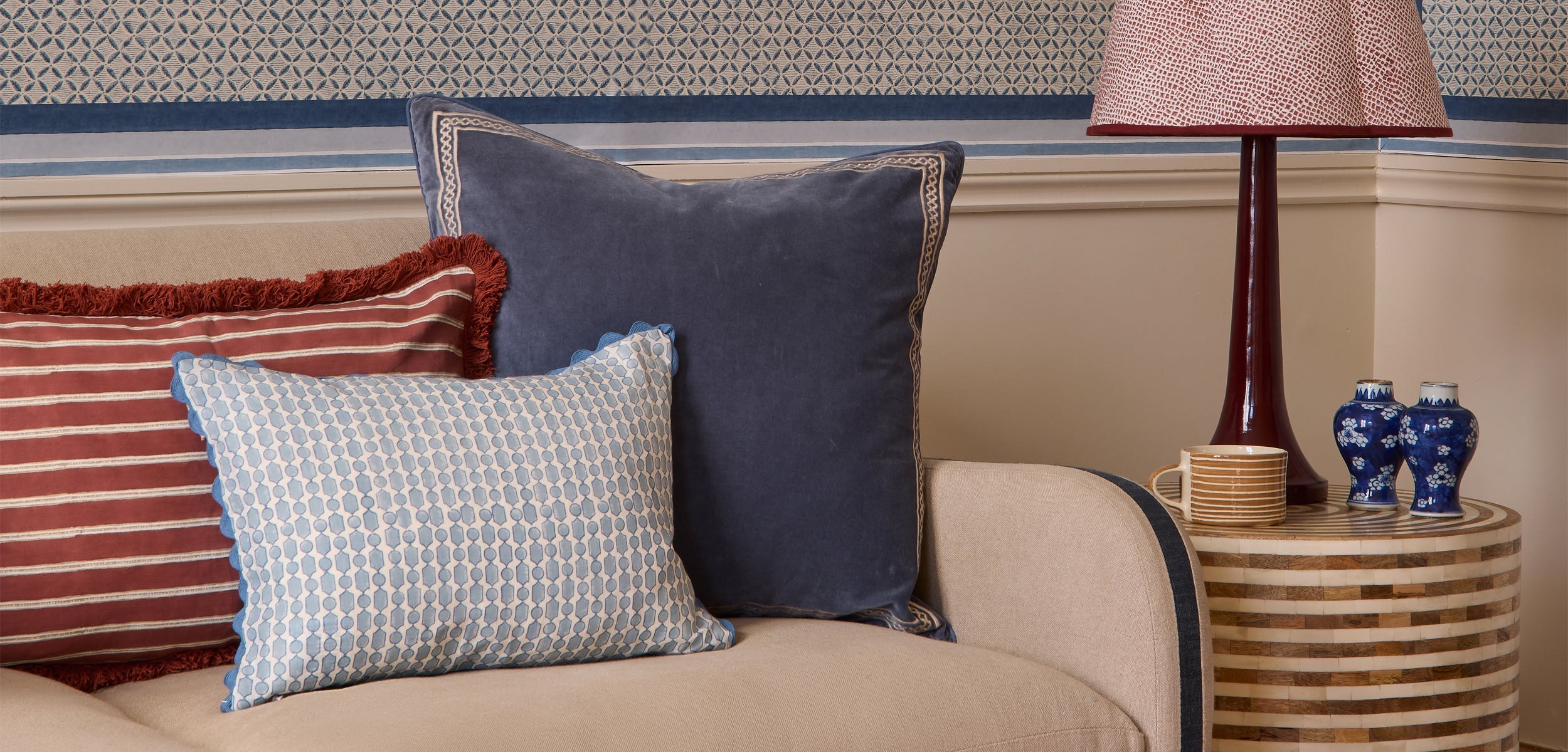 Pink and green bedroom lifestyle image - Birdie Fortescue Soft Furnishings