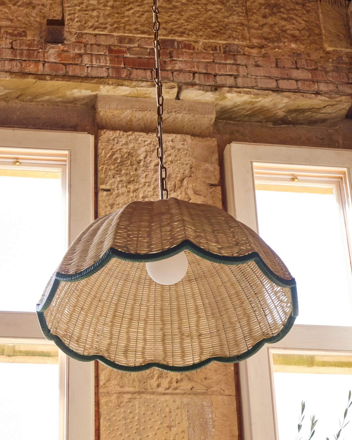 Rattan Scallop Hanging Light - Green & Natural