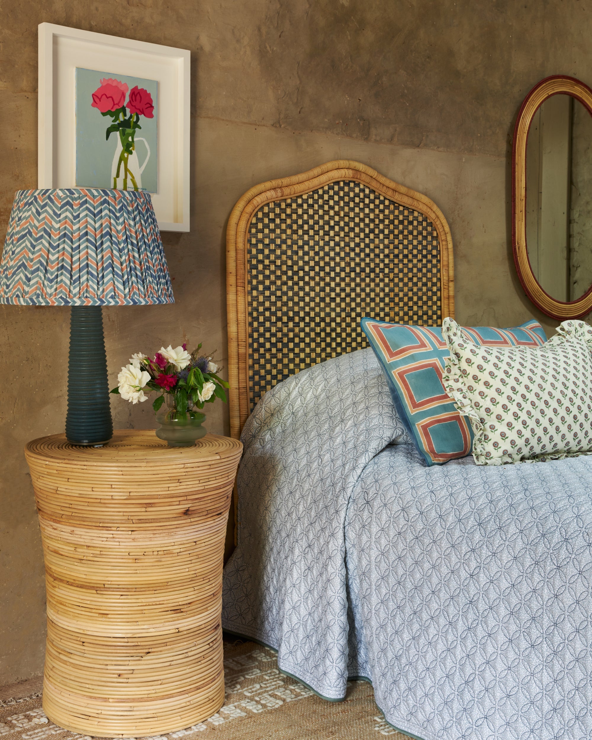 Single Rattan Headboard - Blue