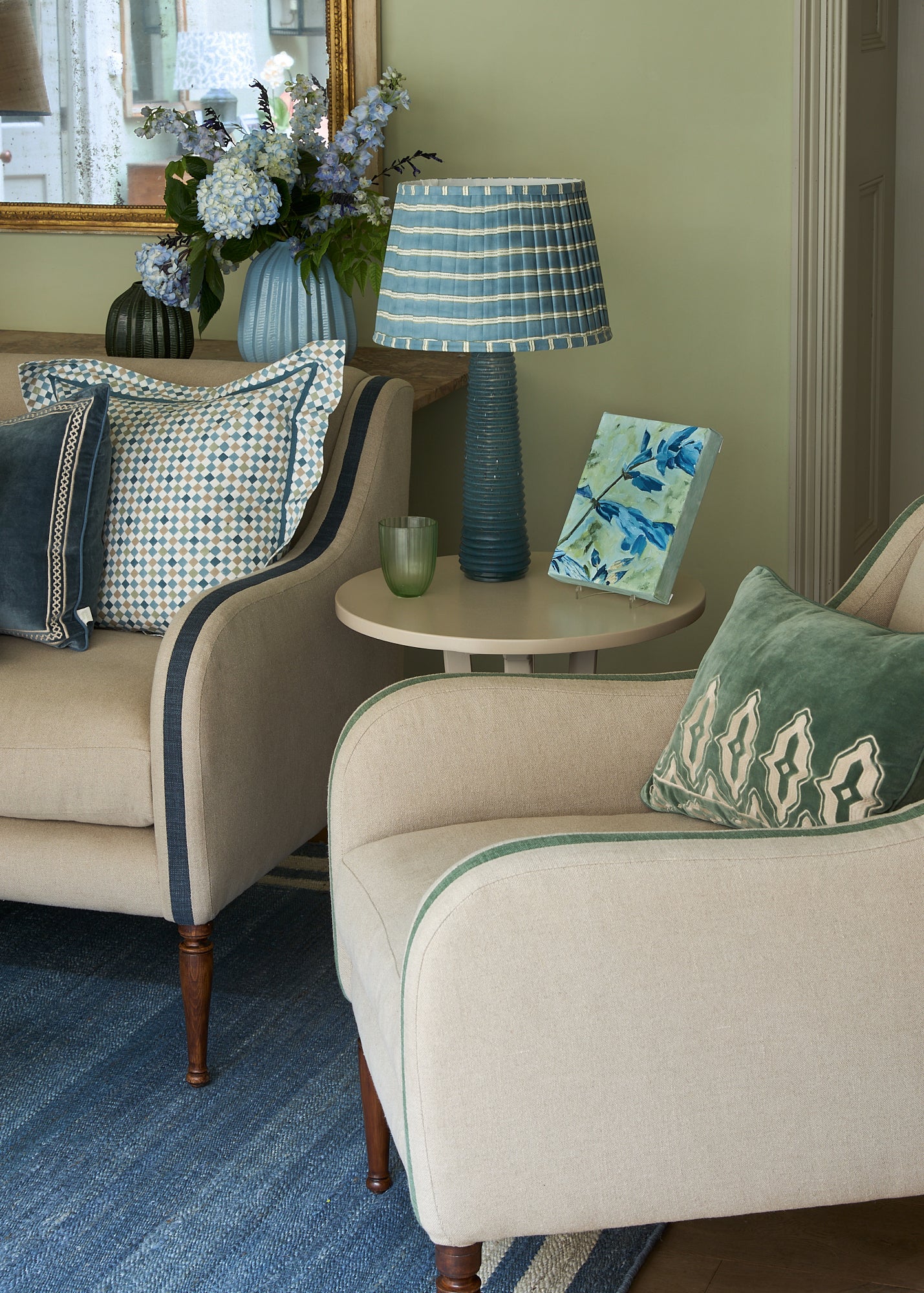 Edo Stripe Pleated Lampshade - Blue and Sage Green