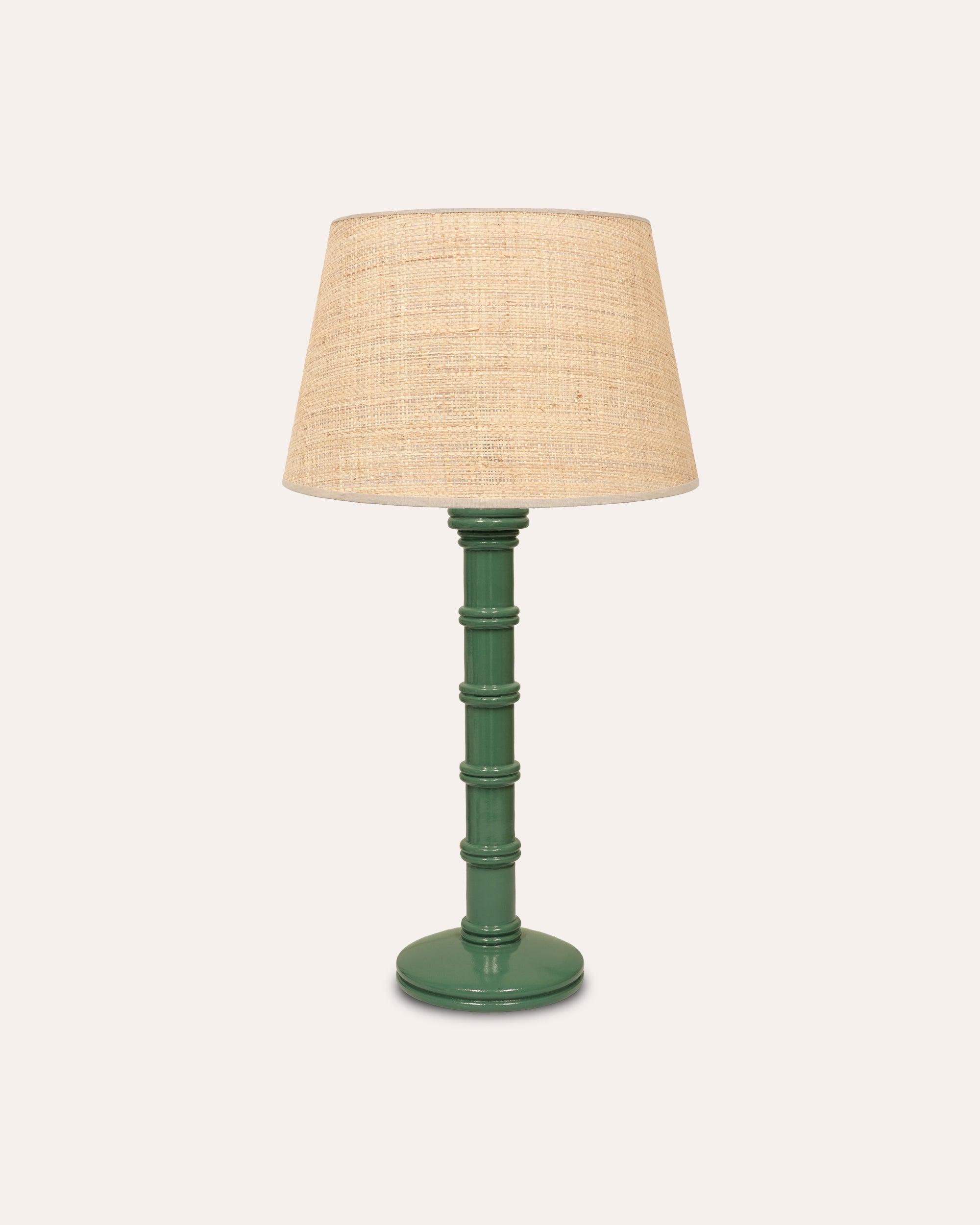 Gloss Painted Wooden Column Table Lamp with Seema Raffia Lampshade - Hedge Green