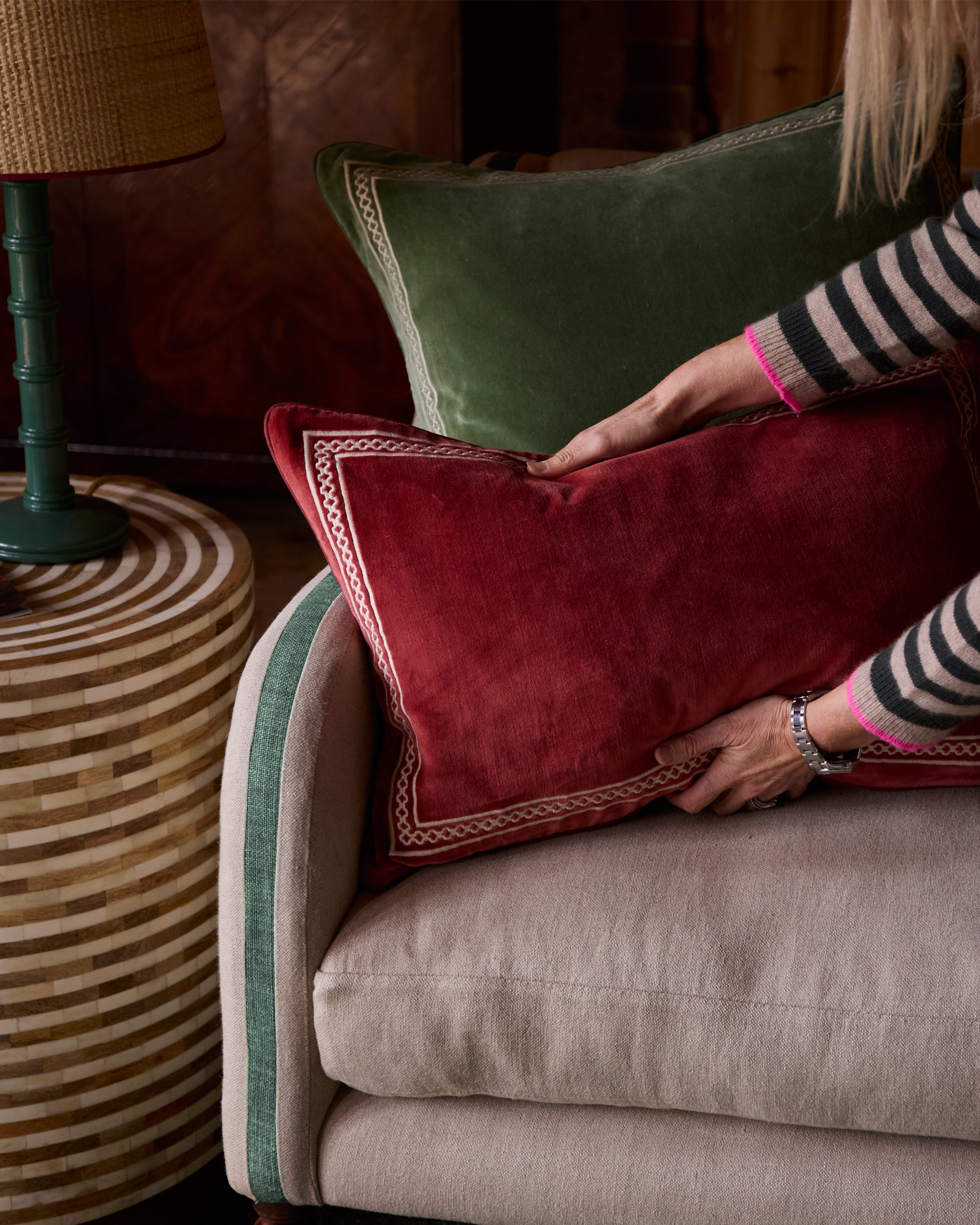 Shisho Embroidered Velvet Cushion - Carmine Red