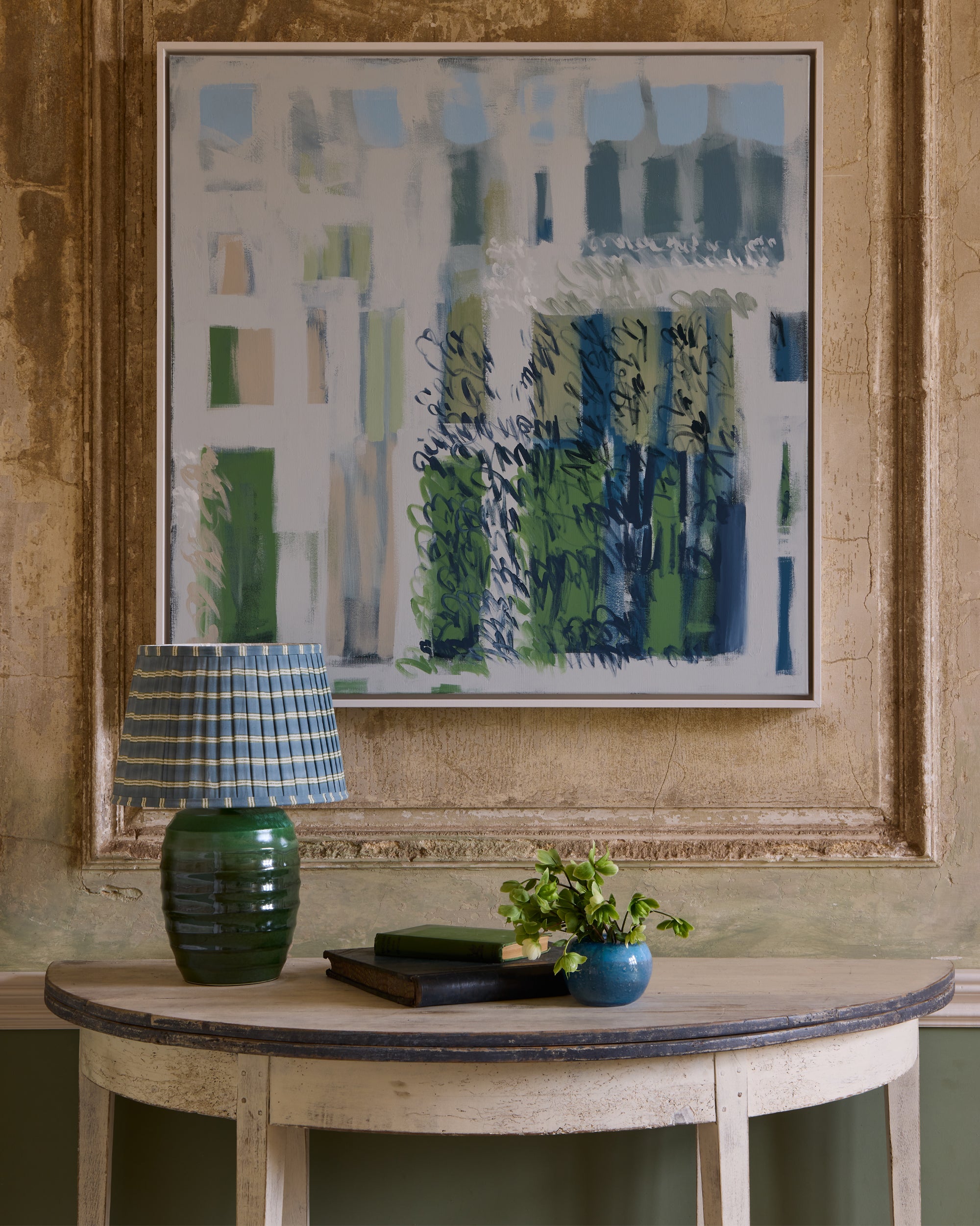 Edo Stripe Pleated Lampshade - Blue and Sage Green