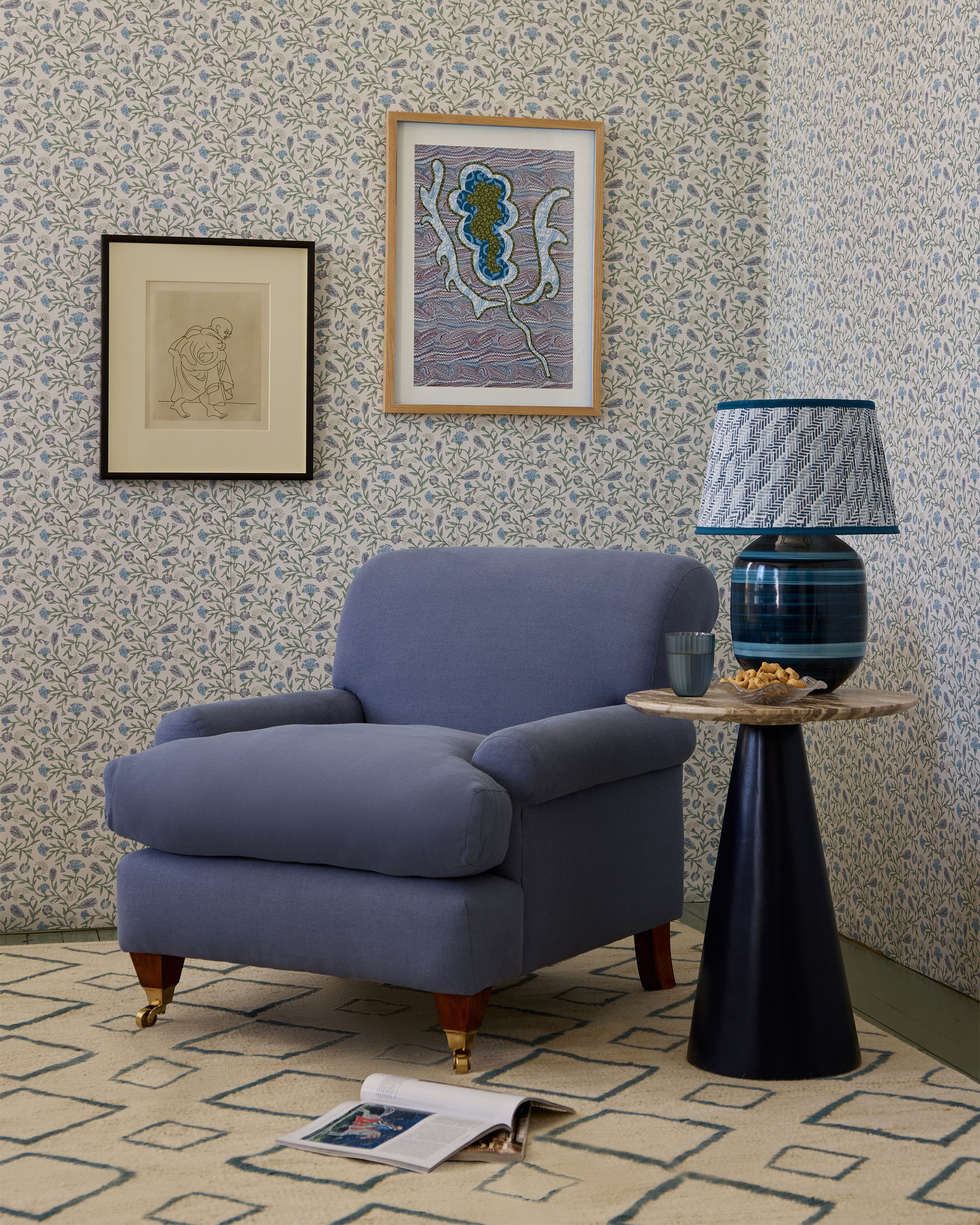 Block Print Pleated Chevron Lampshade - Blue