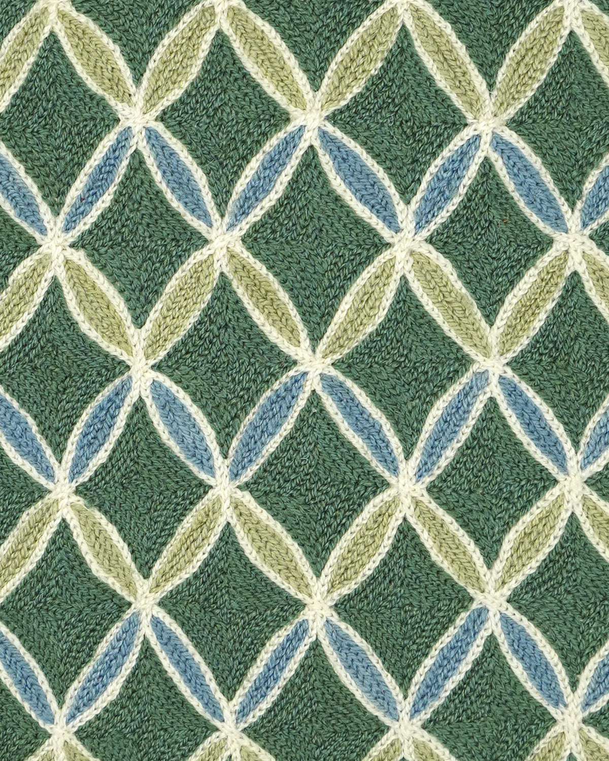 A close-up of a textured knit fabric featuring a repeating geometric diamond pattern in dark green, light olive green, dusty blue, and cream.