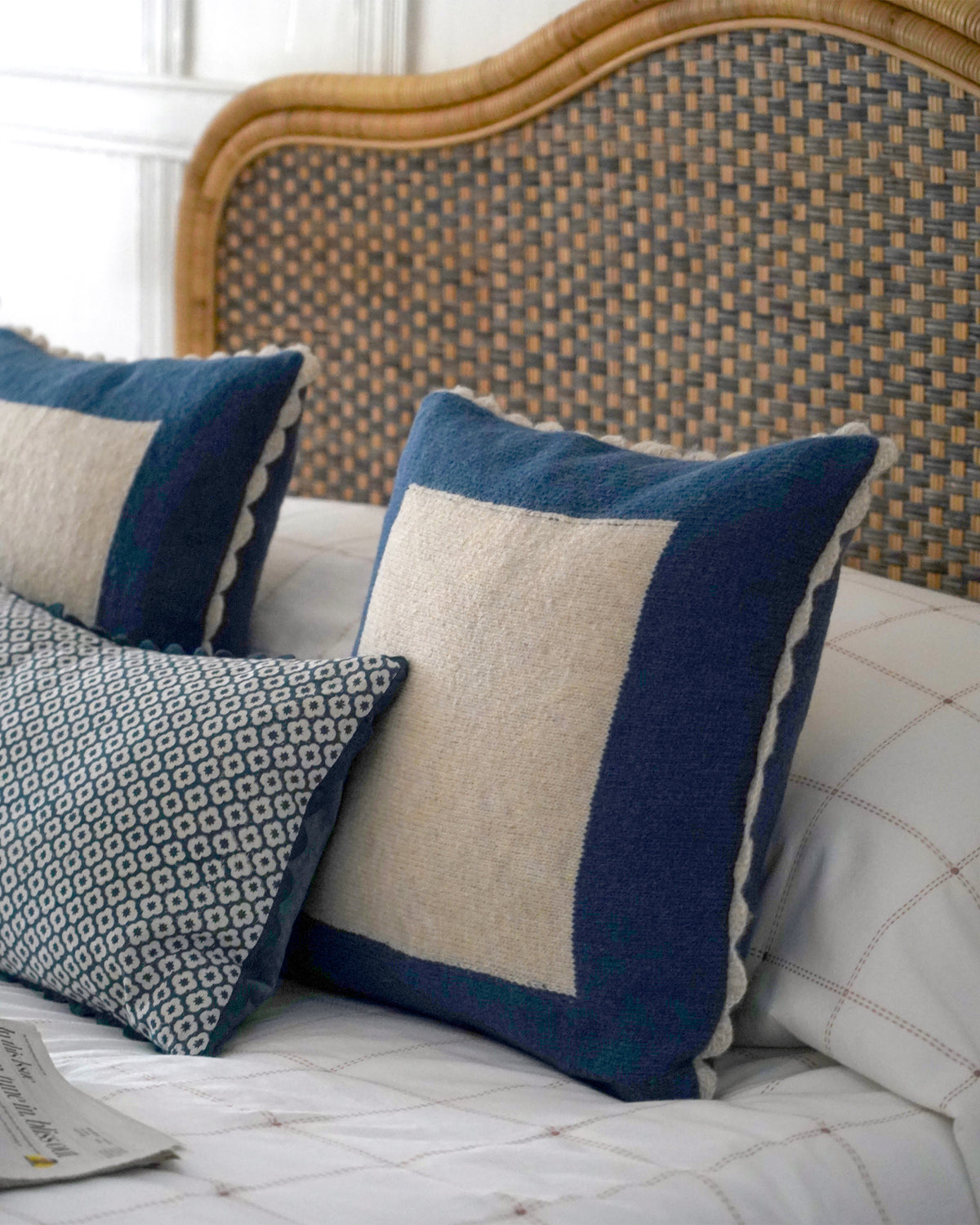 Bordered Knitted Cushion Cover - Blue