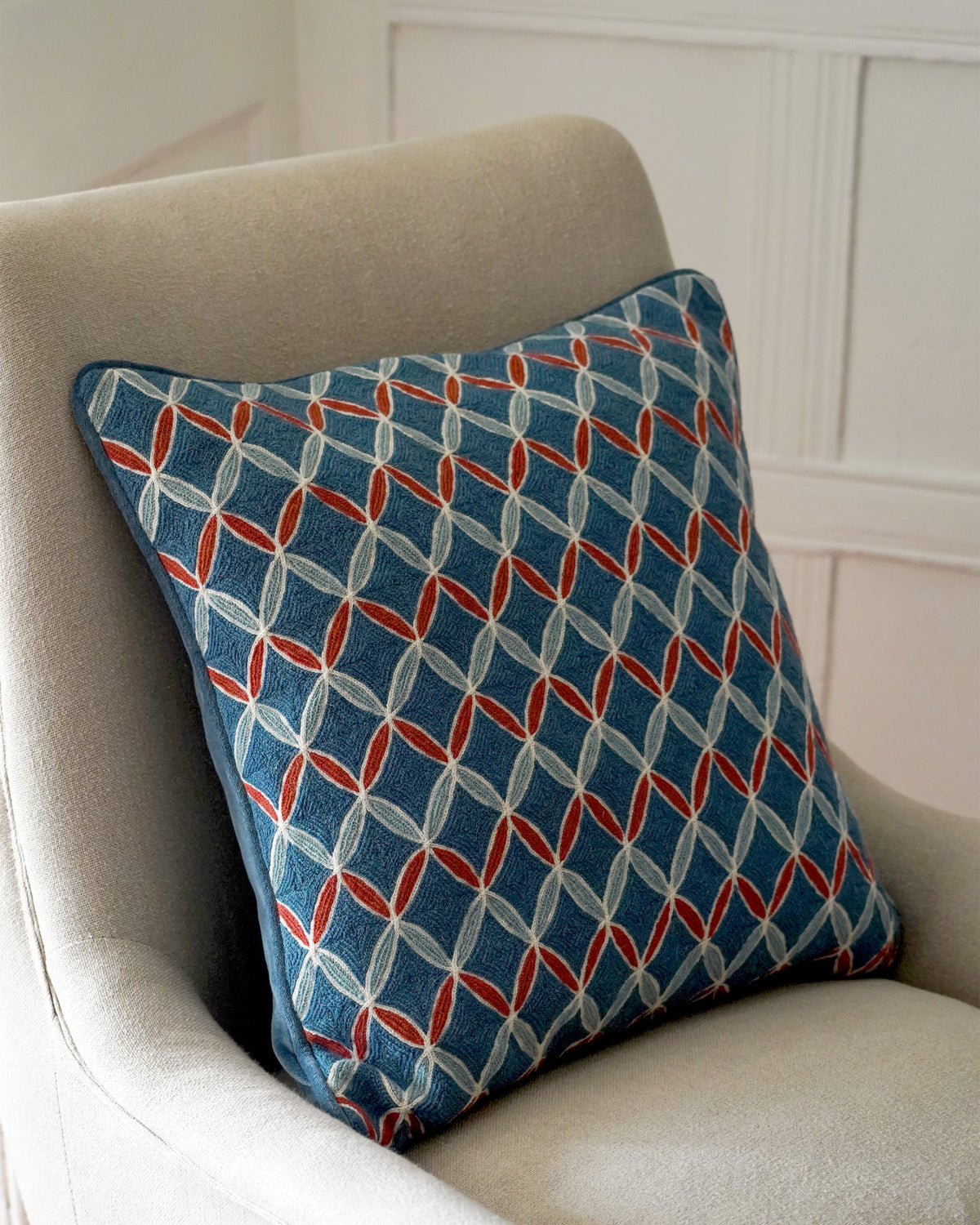 Aswan Trellis Embroidered Cushion Cover – Blue