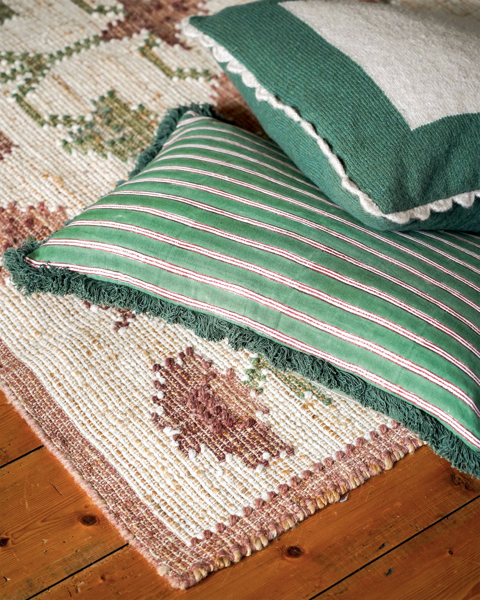 Edo Stripe Cushion - Moss Green and Pink