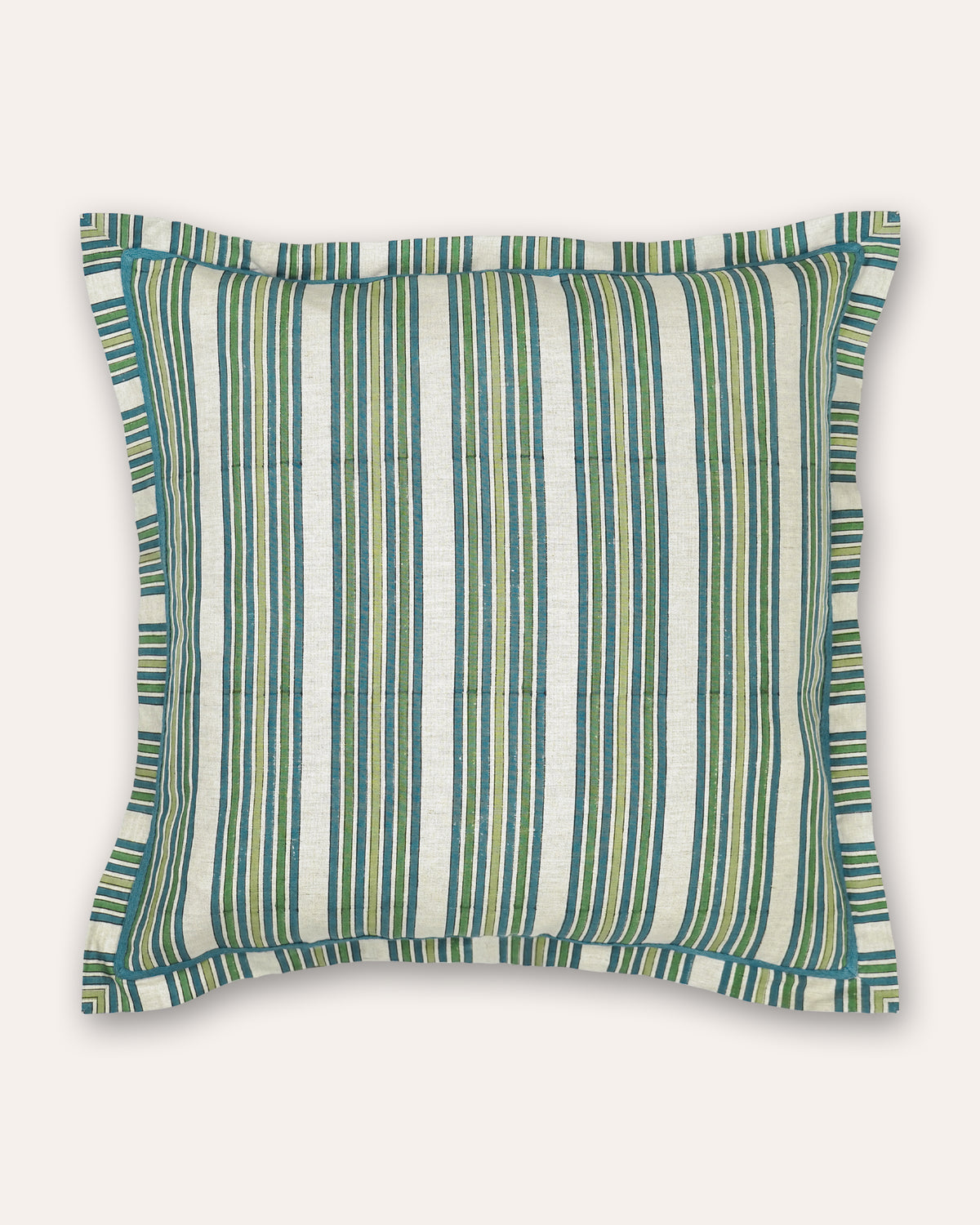 A square cushion featuring a vertical stripe pattern in shades of teal, green, and white, with a matching ruffled edge, shown against a solid off-white background.