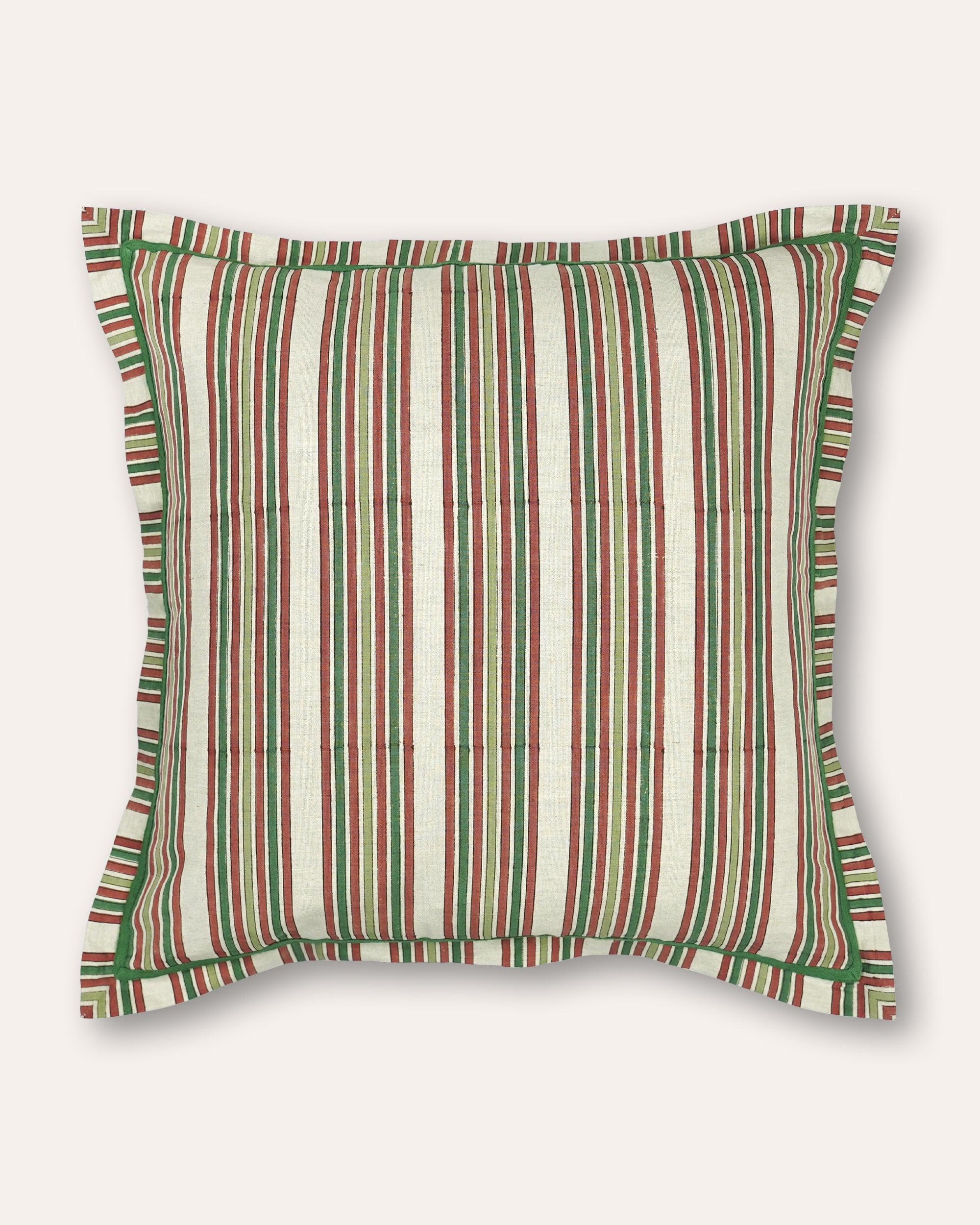 A square decorative cushion with a vertical striped pattern in cream, green, and red, featuring a matching ruffled border, shown against a plain light beige background.