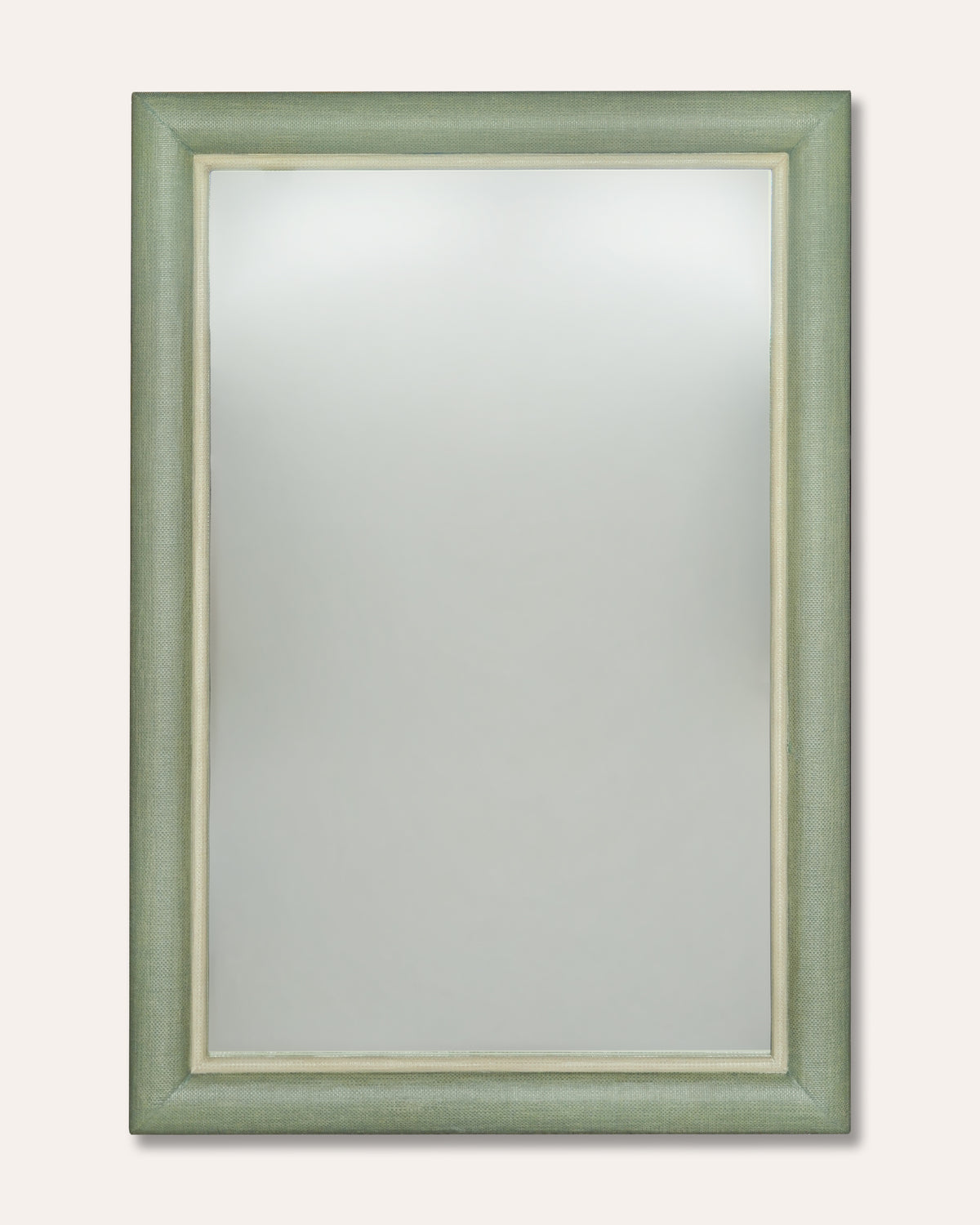 A rectangular wall mirror with a textured sage green frame and a thin cream inner border, shown against a plain off-white background.