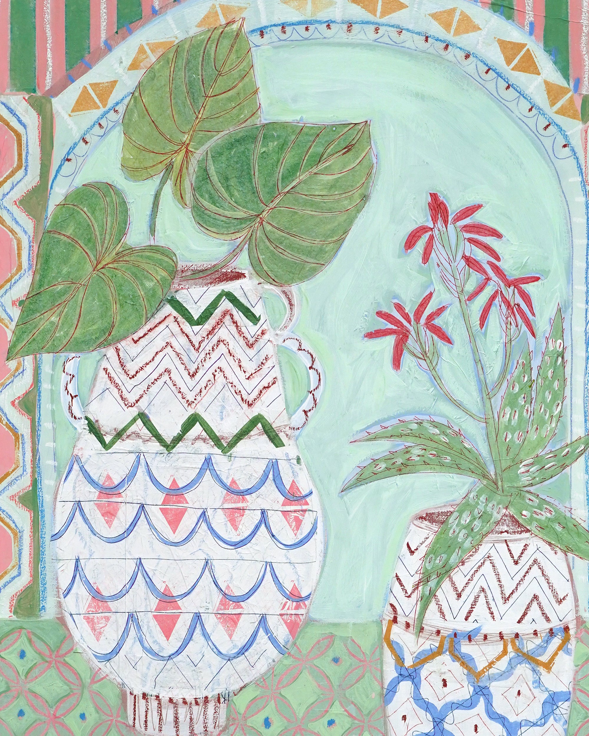 Decorative illustration of plants with colorful patterns on a green background.