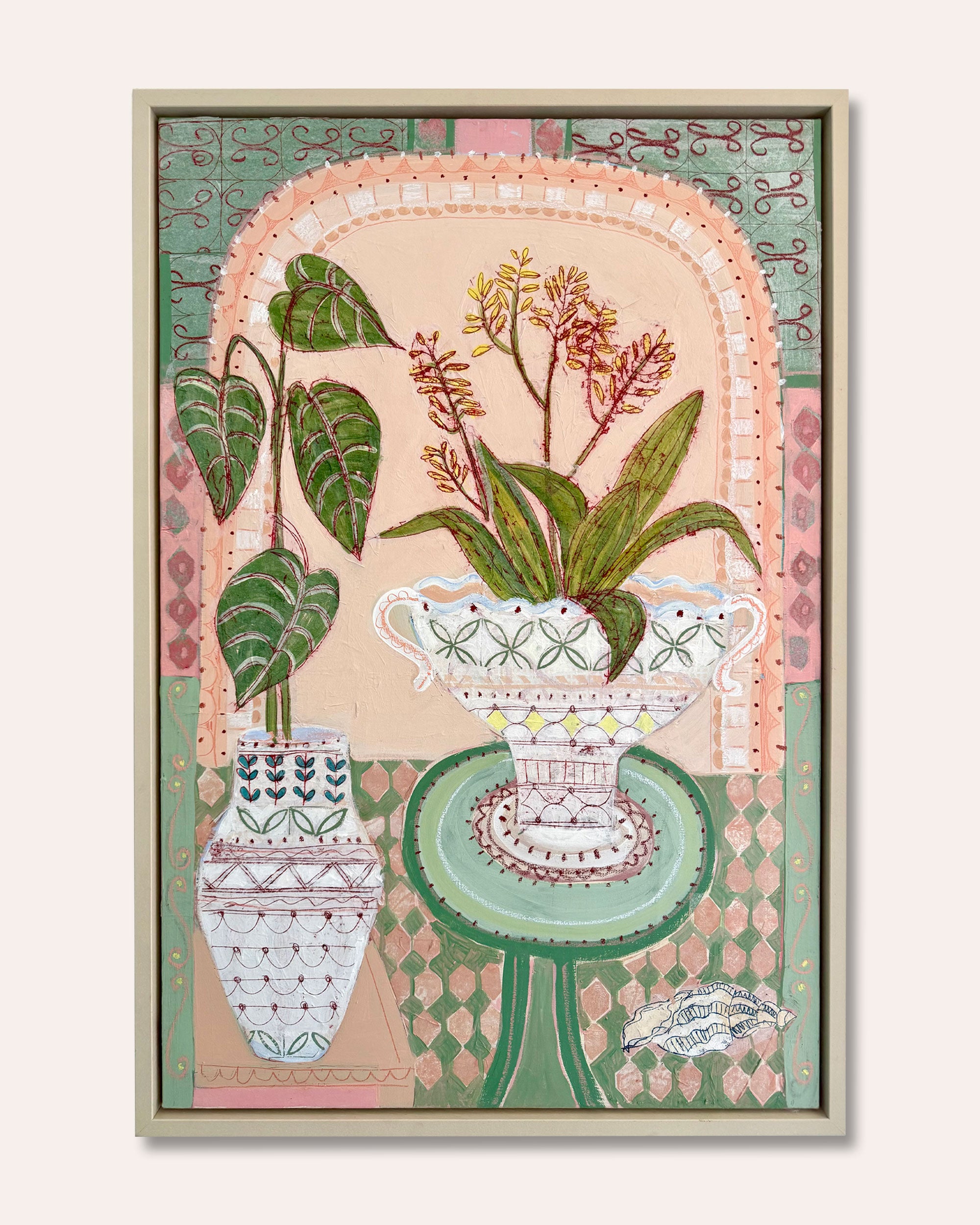 A framed botanical art print featuring stylized potted plants and flowers in pastel colors, including green, pink, beige, and blue, set against a light cream background.