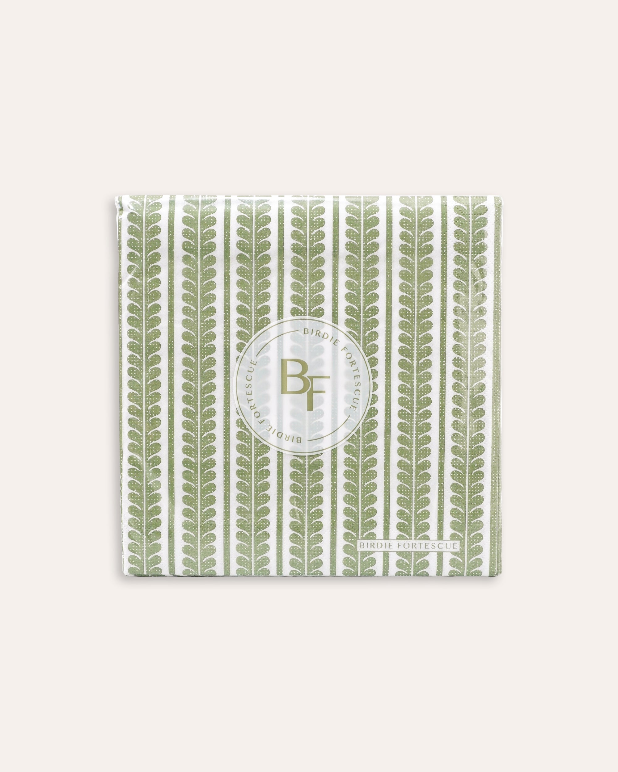 Pack of green striped paper napkins with the Birdie Fortescue logo on a white background