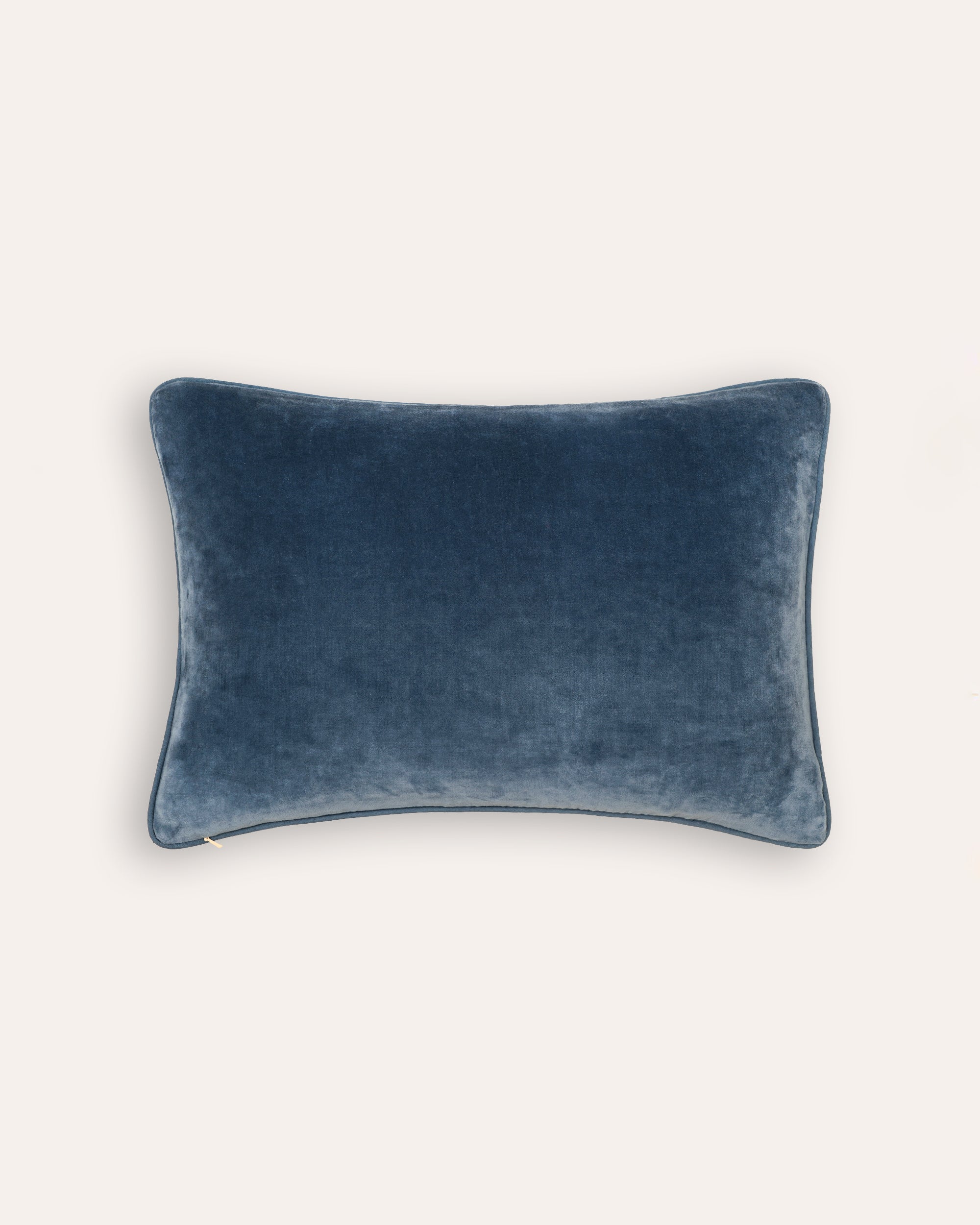 Blue velvet Cordoba rectangular cushion back on a white background