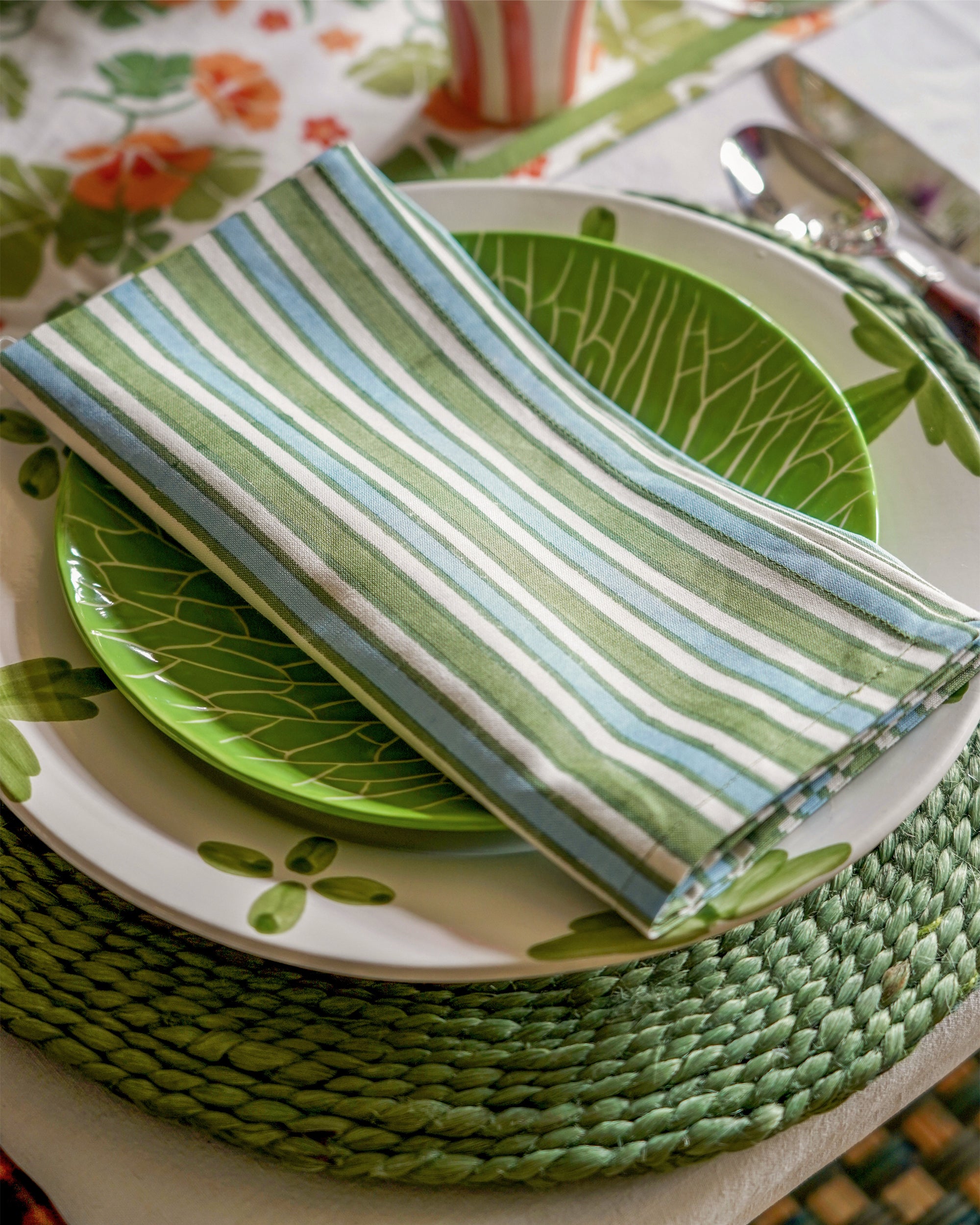 Garden Stripe Napkin - Set of Four (Blue & Green)