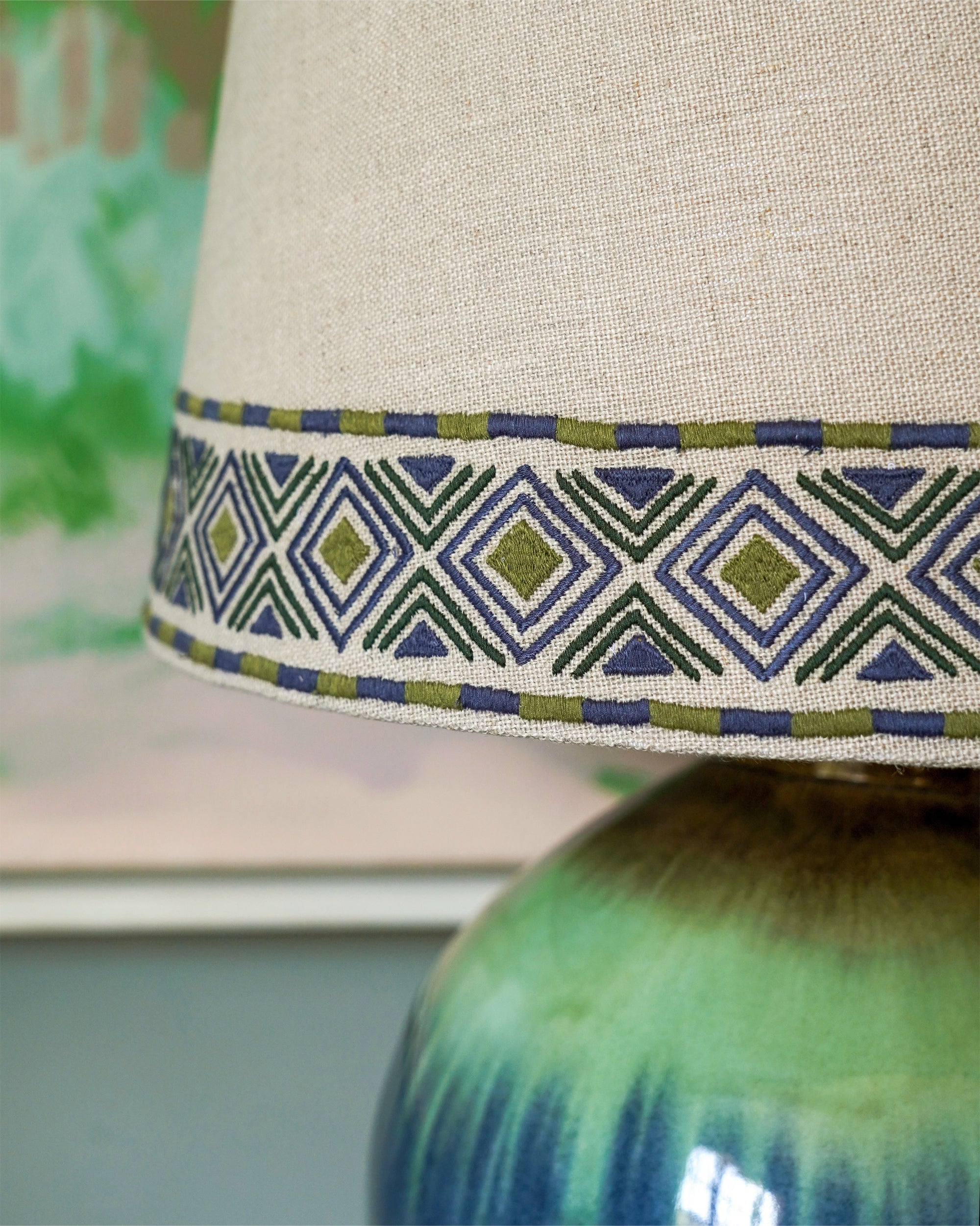 Close-up of a lamp with a decorative band and green base