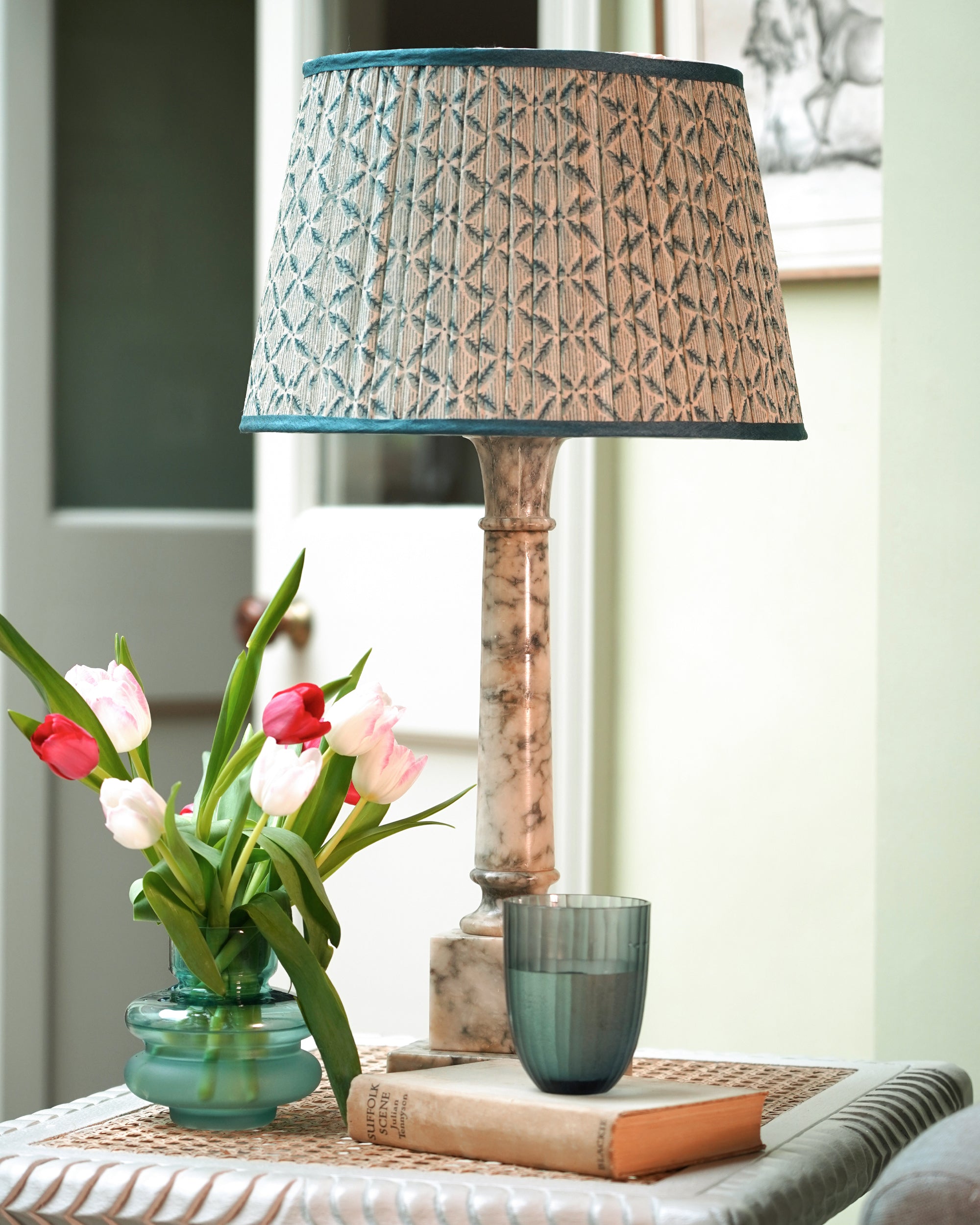Trellis Pleated Silk Single Band Lampshade - Blue