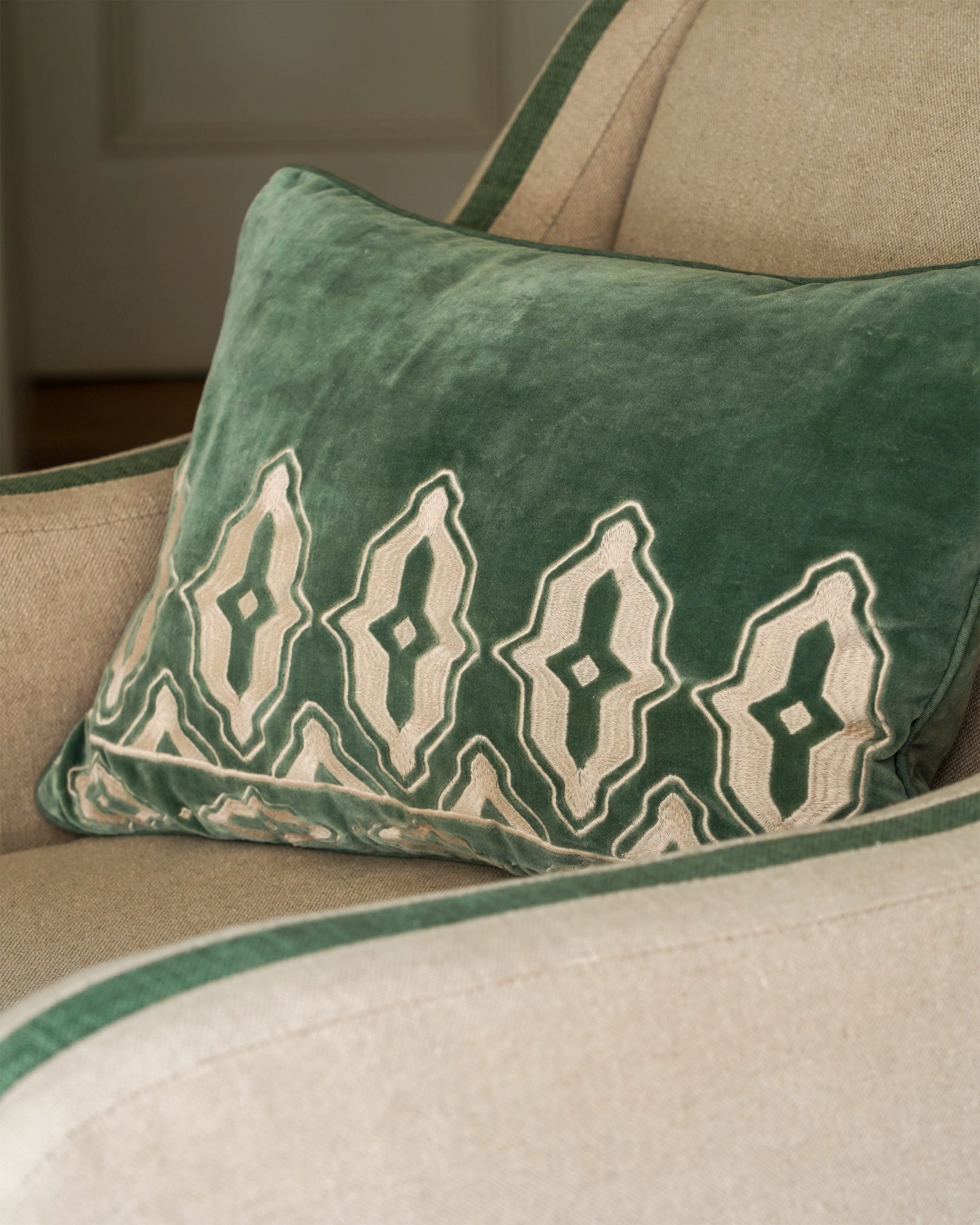 Tara Embroidered Velvet Cushion - Forest Green
