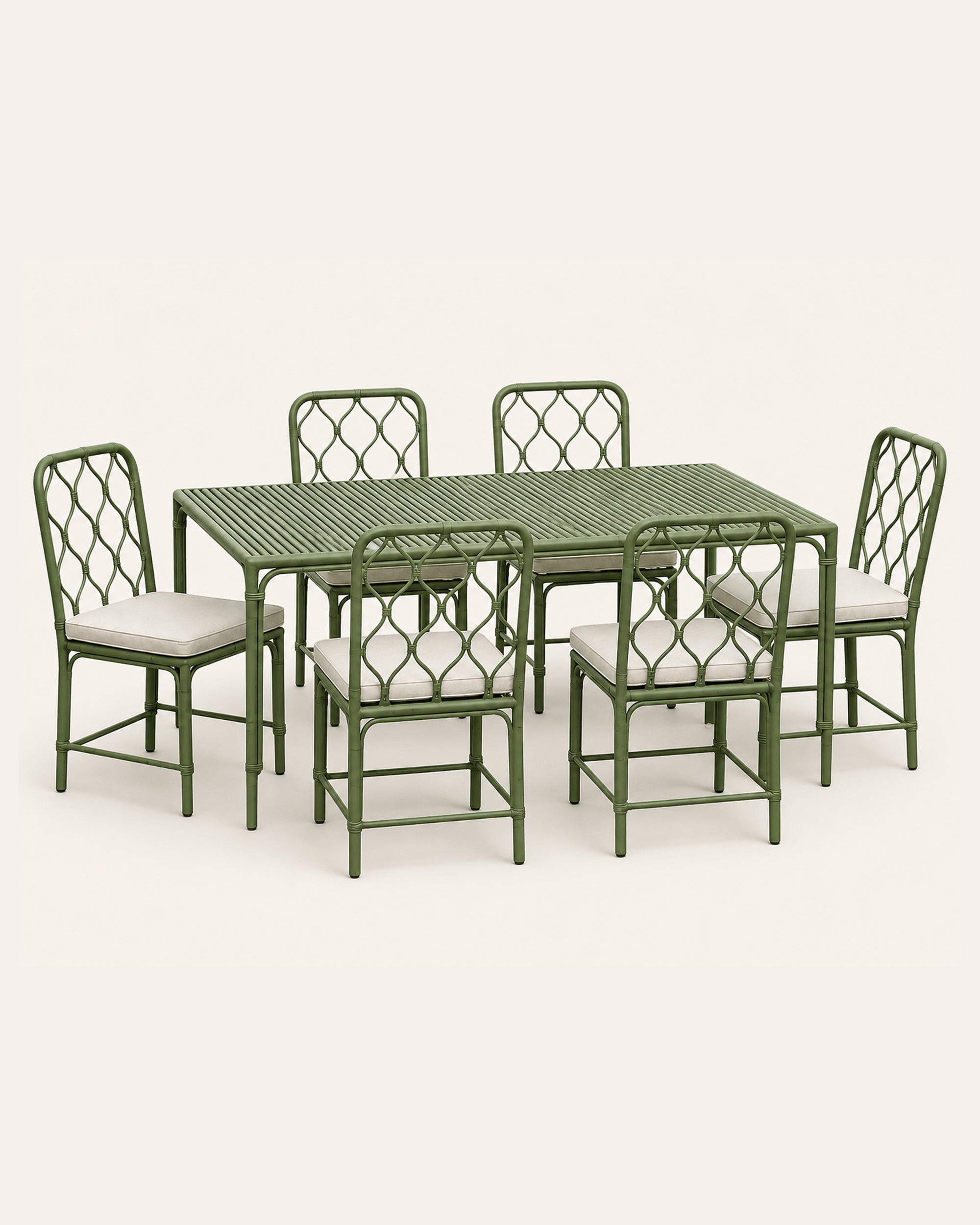 Green aluminium dining set with table and chairs on a white background