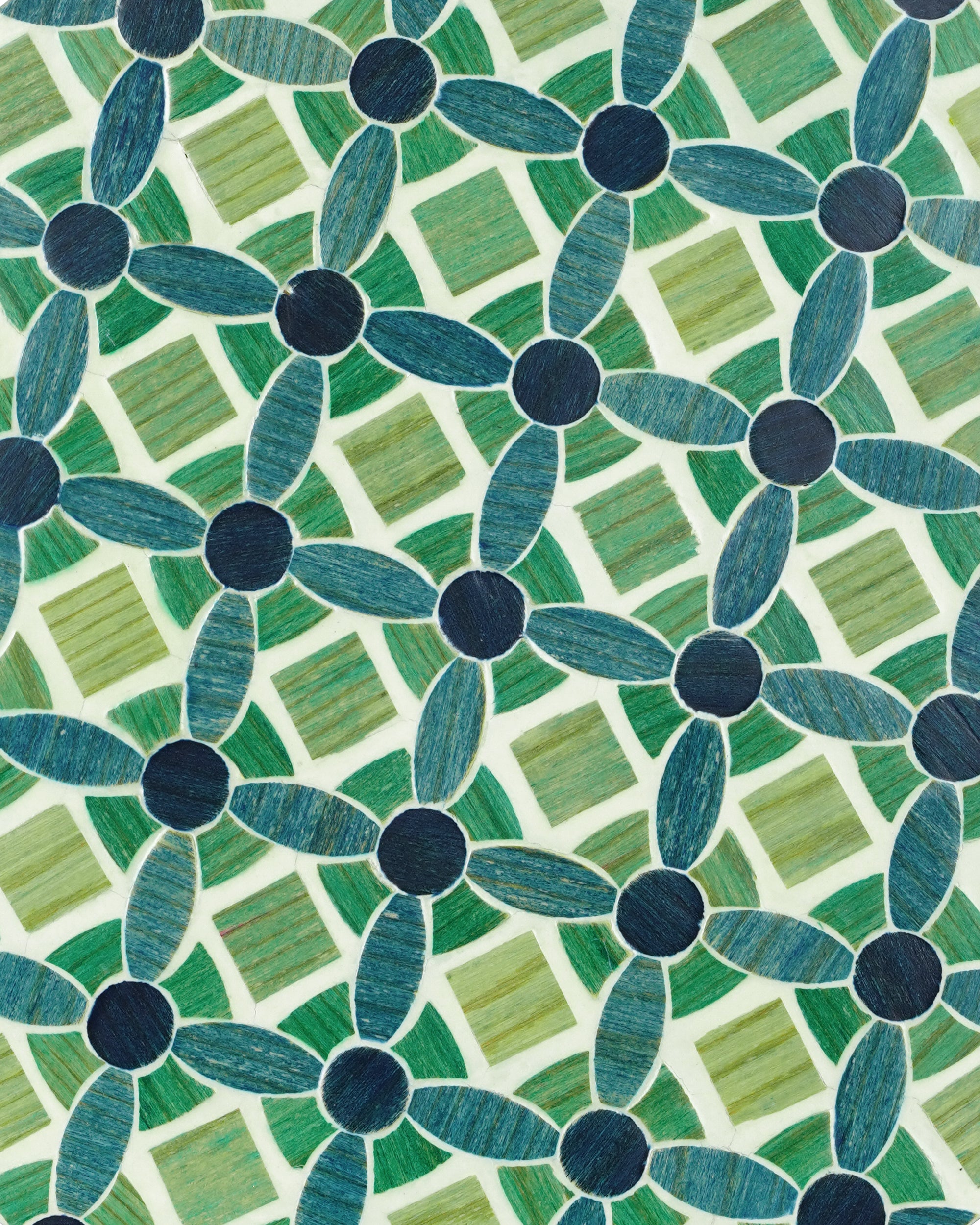 Patterned placemat close up with green and blue floral design