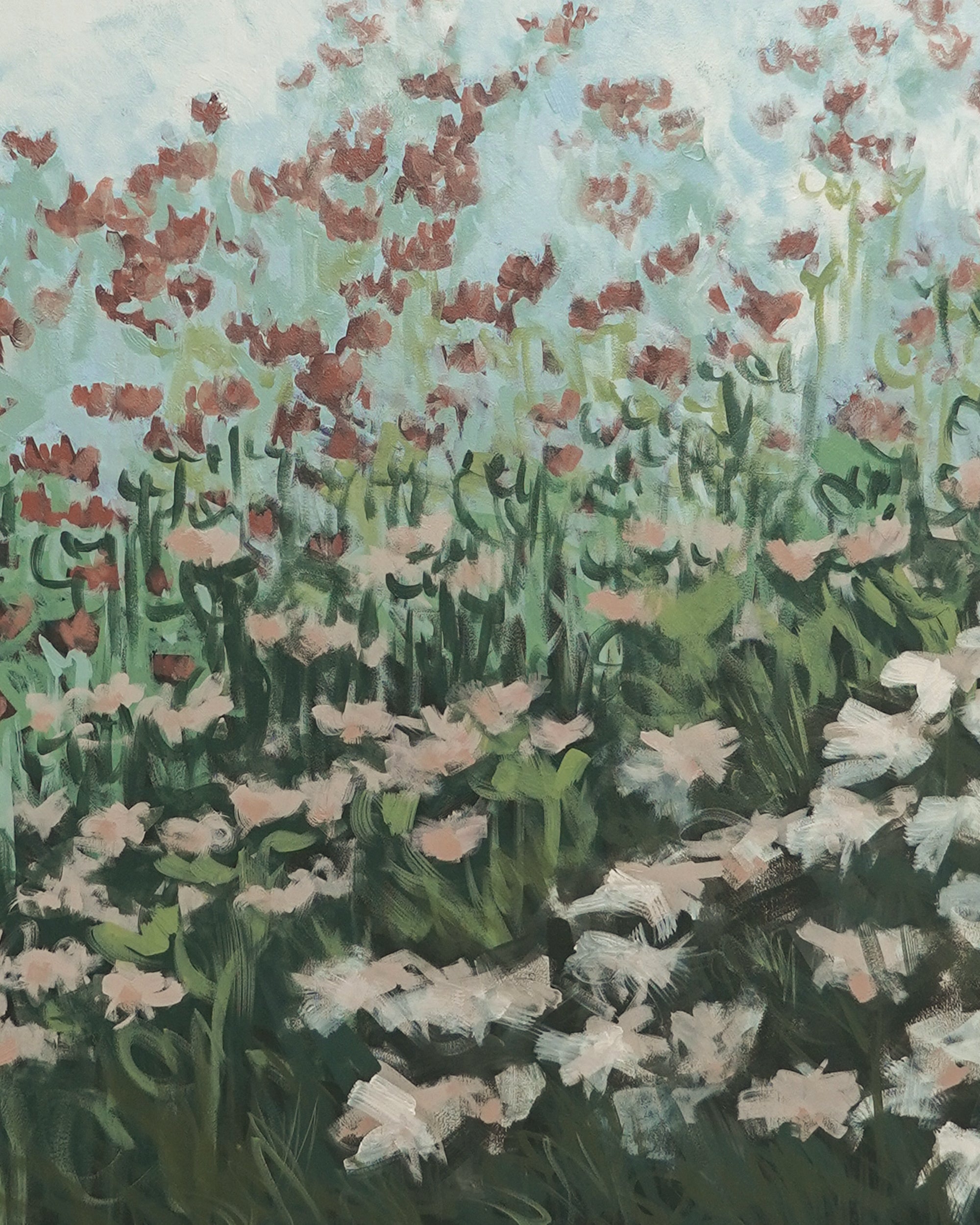 Painting of a field with pink and white flowers and green grass