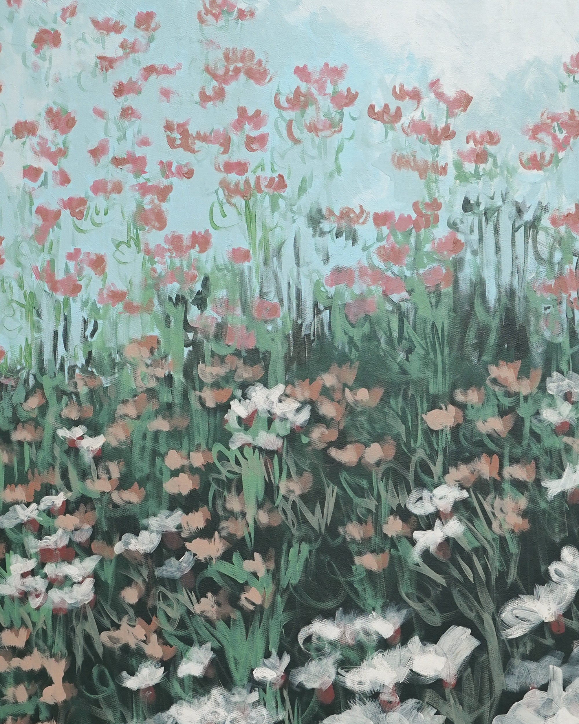 Artistic depiction of a field with pink and white flowers on a blue background
