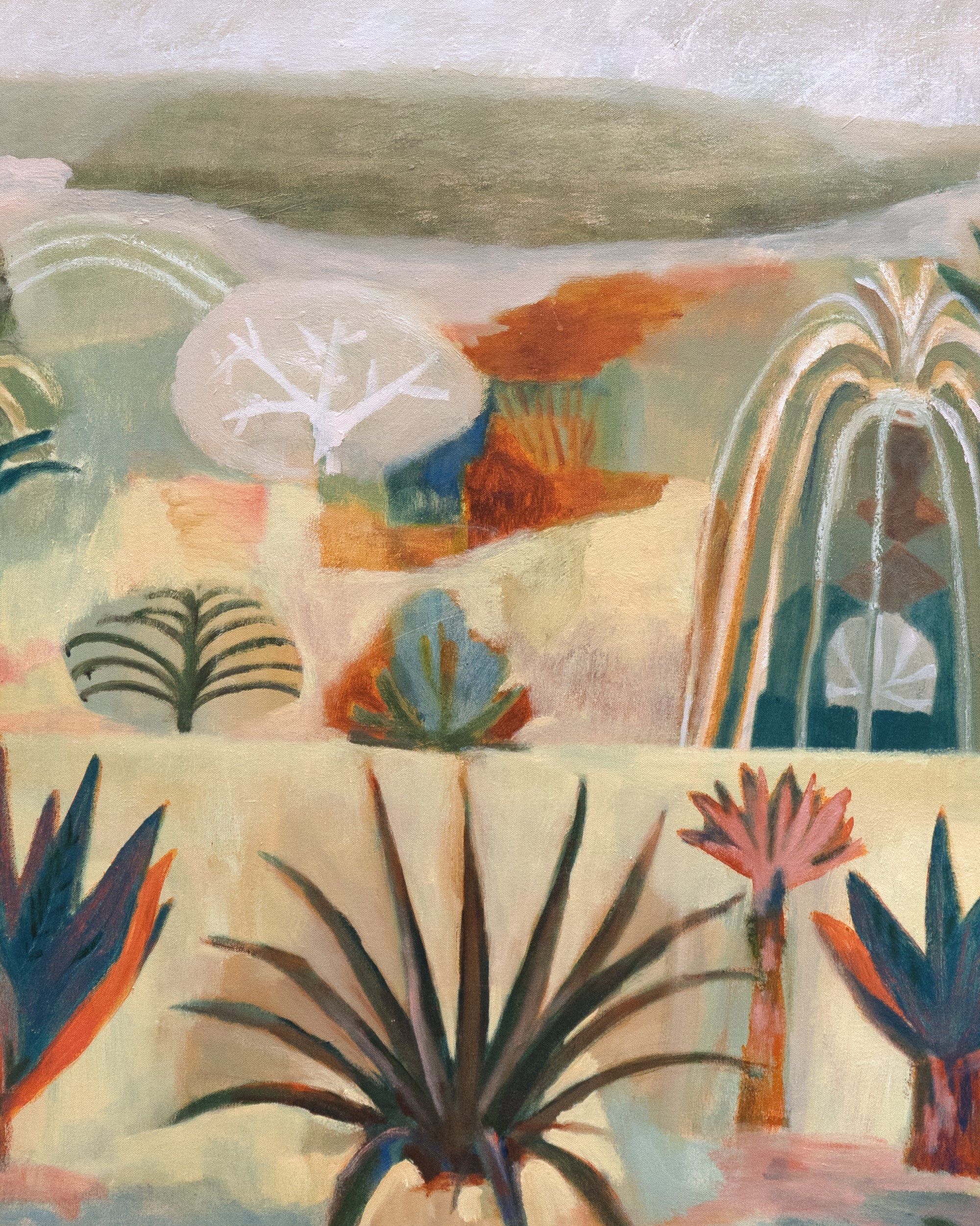 Abstract artwork with colorful plants and geometric shapes