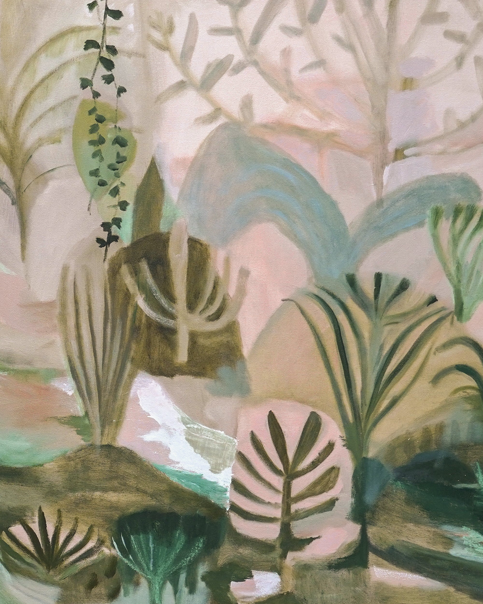 Artistic depiction of tropical plants with a pastel color palette