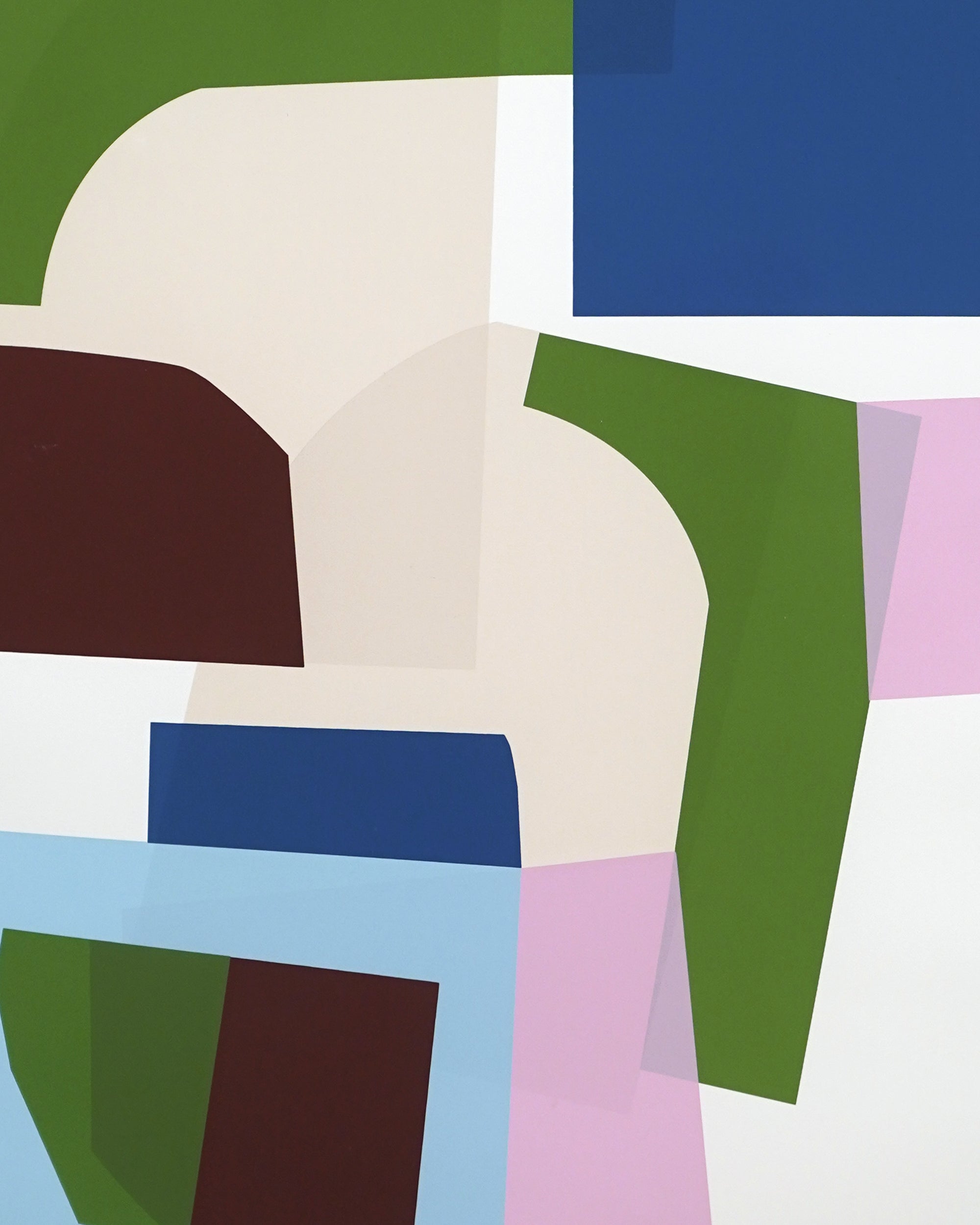 Abstract art piece with geometric shapes in various colors on a white background