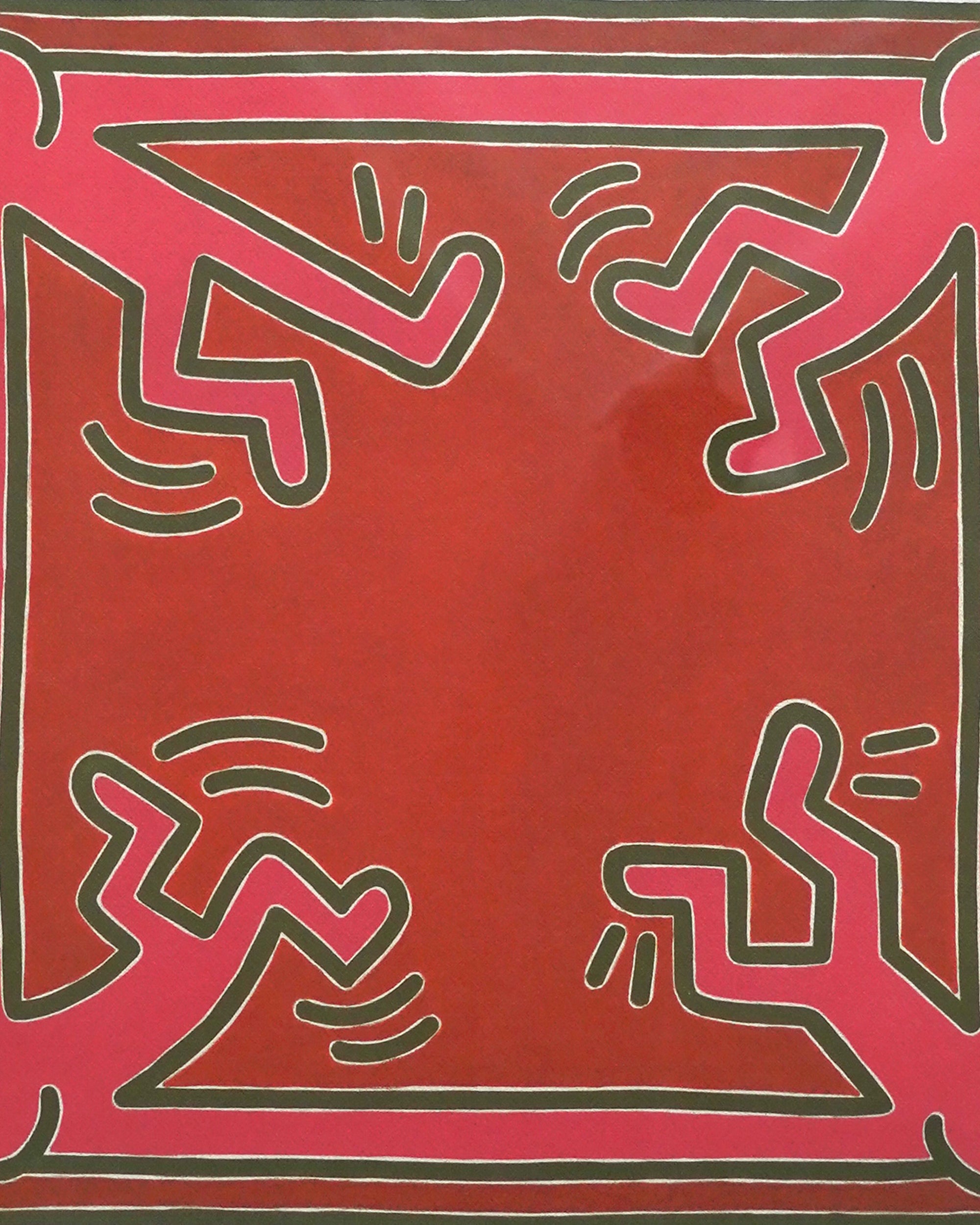 Artistic depiction of abstract figures on a red background with green outlines