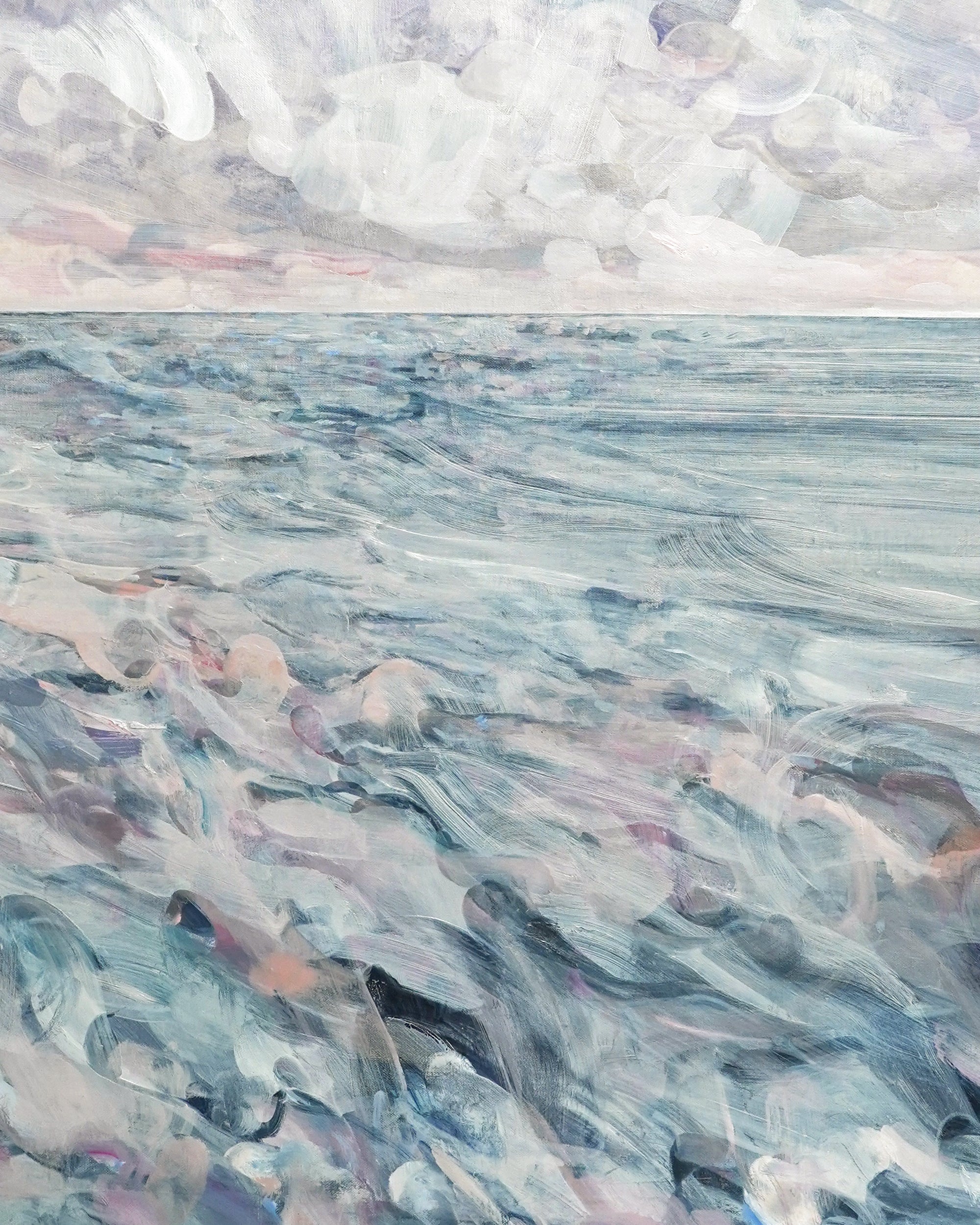 Abstract painting with wavy lines in blue, pink, and white.