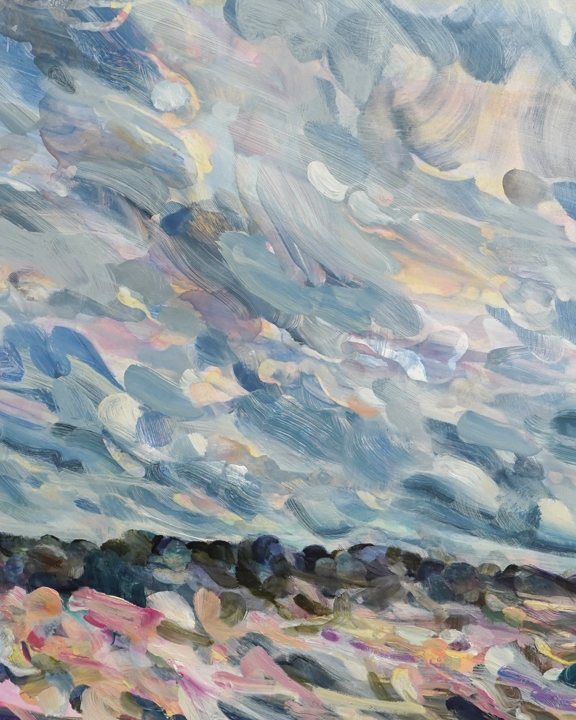 Abstract painting with swirling colors and textures