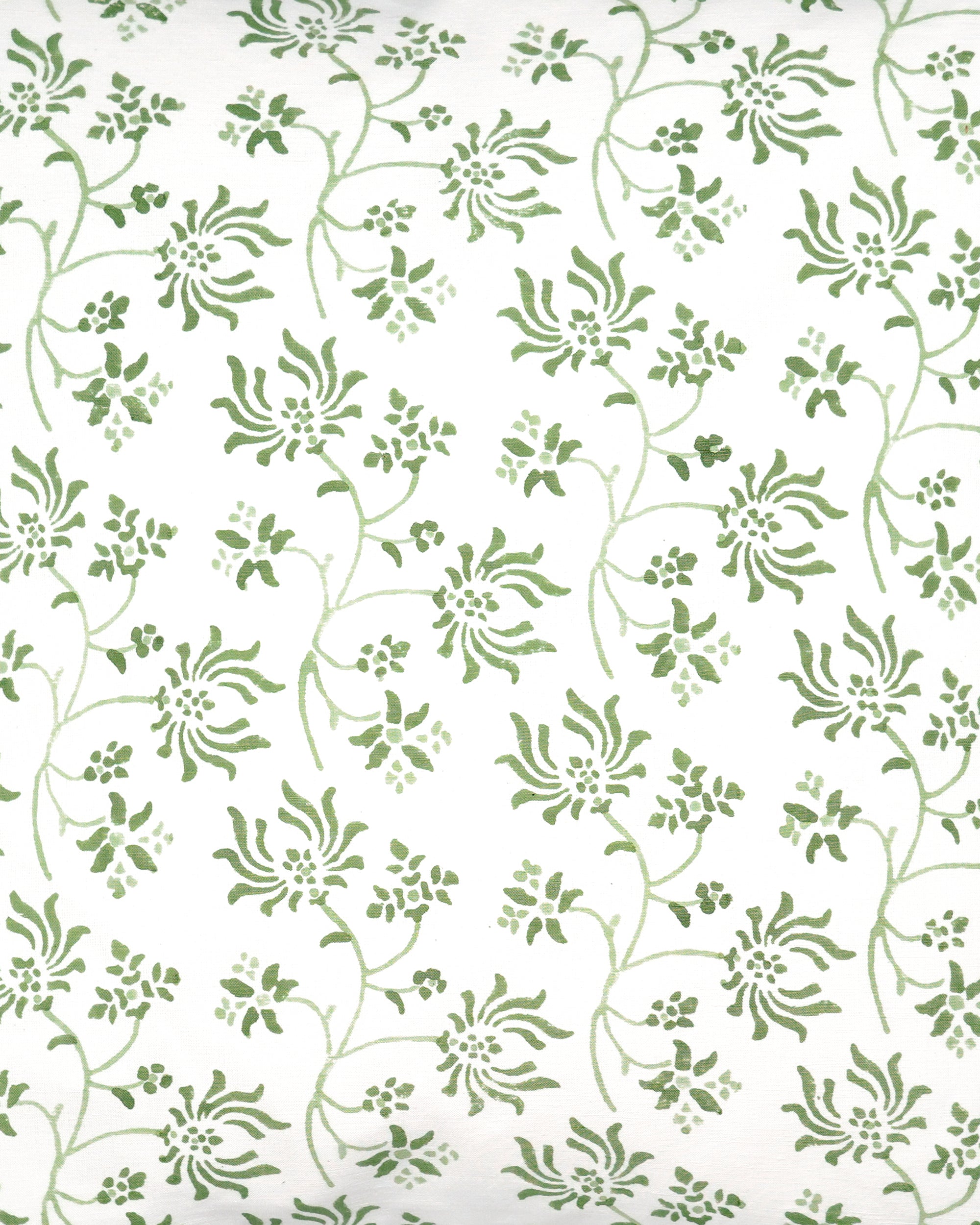 Close up detail of the green Khiva block printed square cushion with a floral pattern