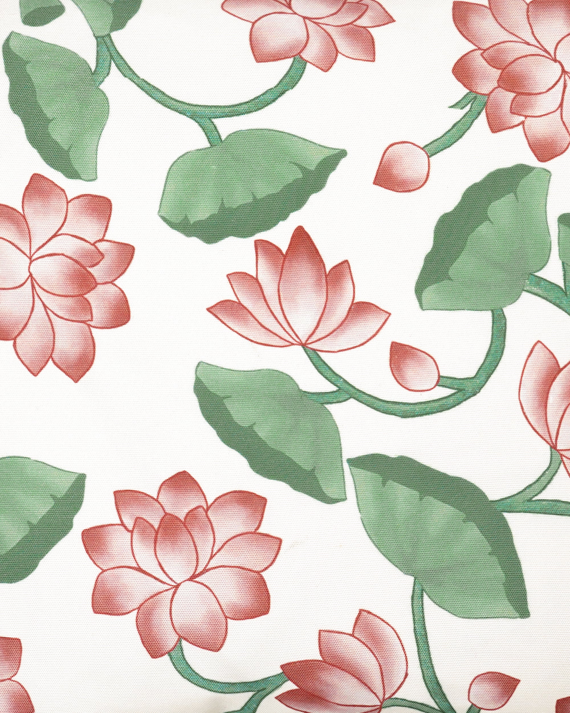 Close up detail of the lotus outdoor square pink and green floral cushion