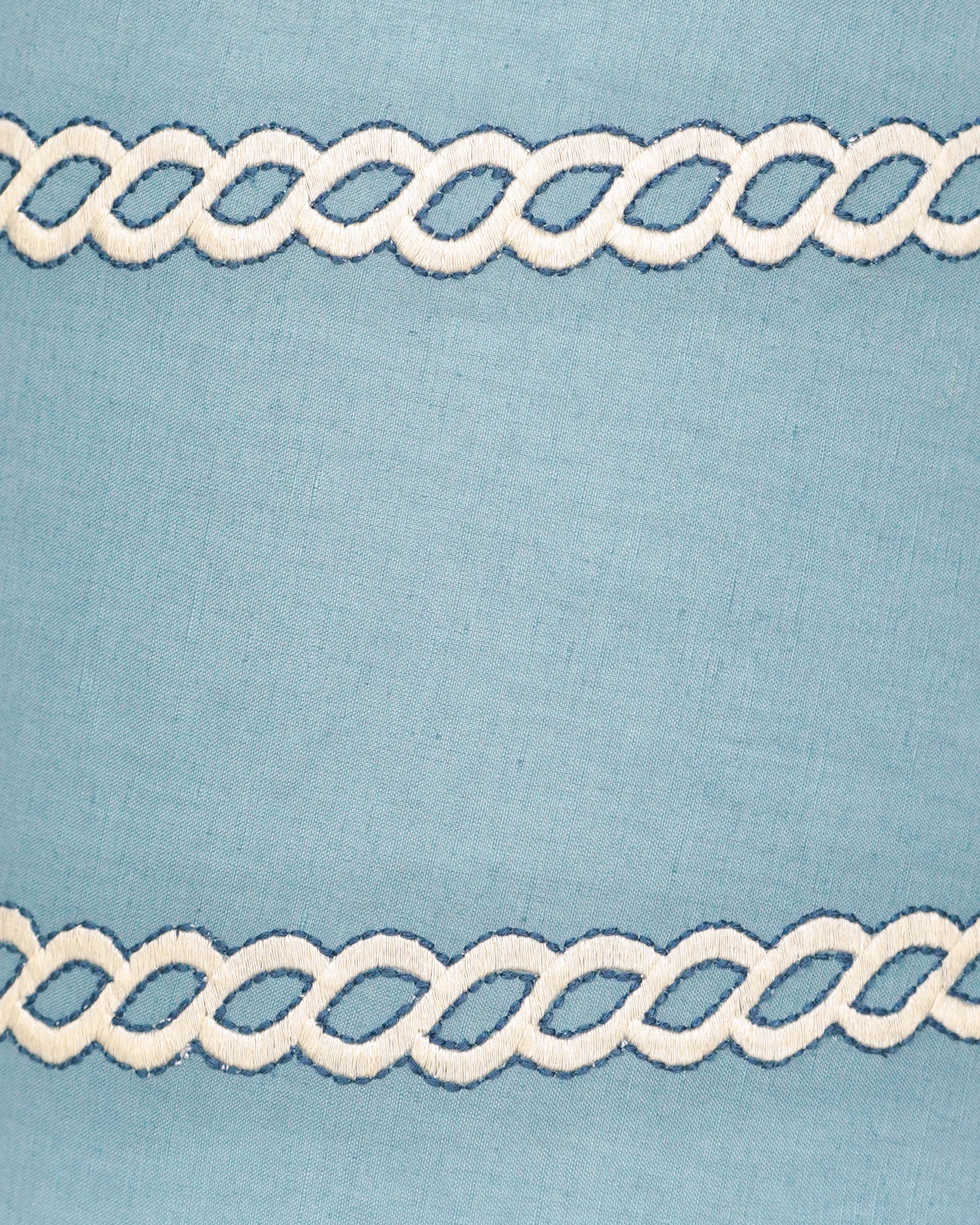 Close-up of a lampshade with decorative white lace on a light blue fabric background