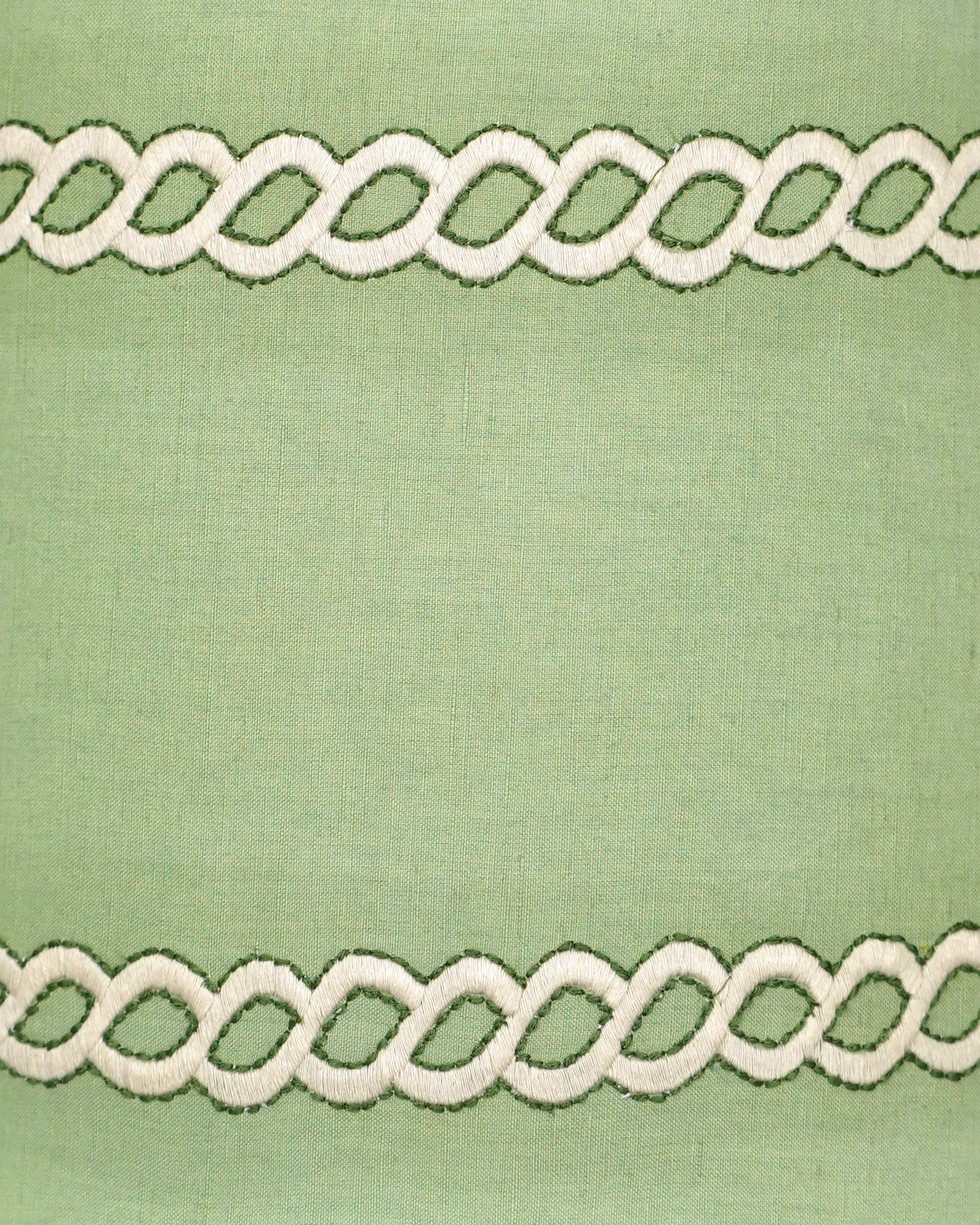 Green lampshade close up with white embroidered border pattern