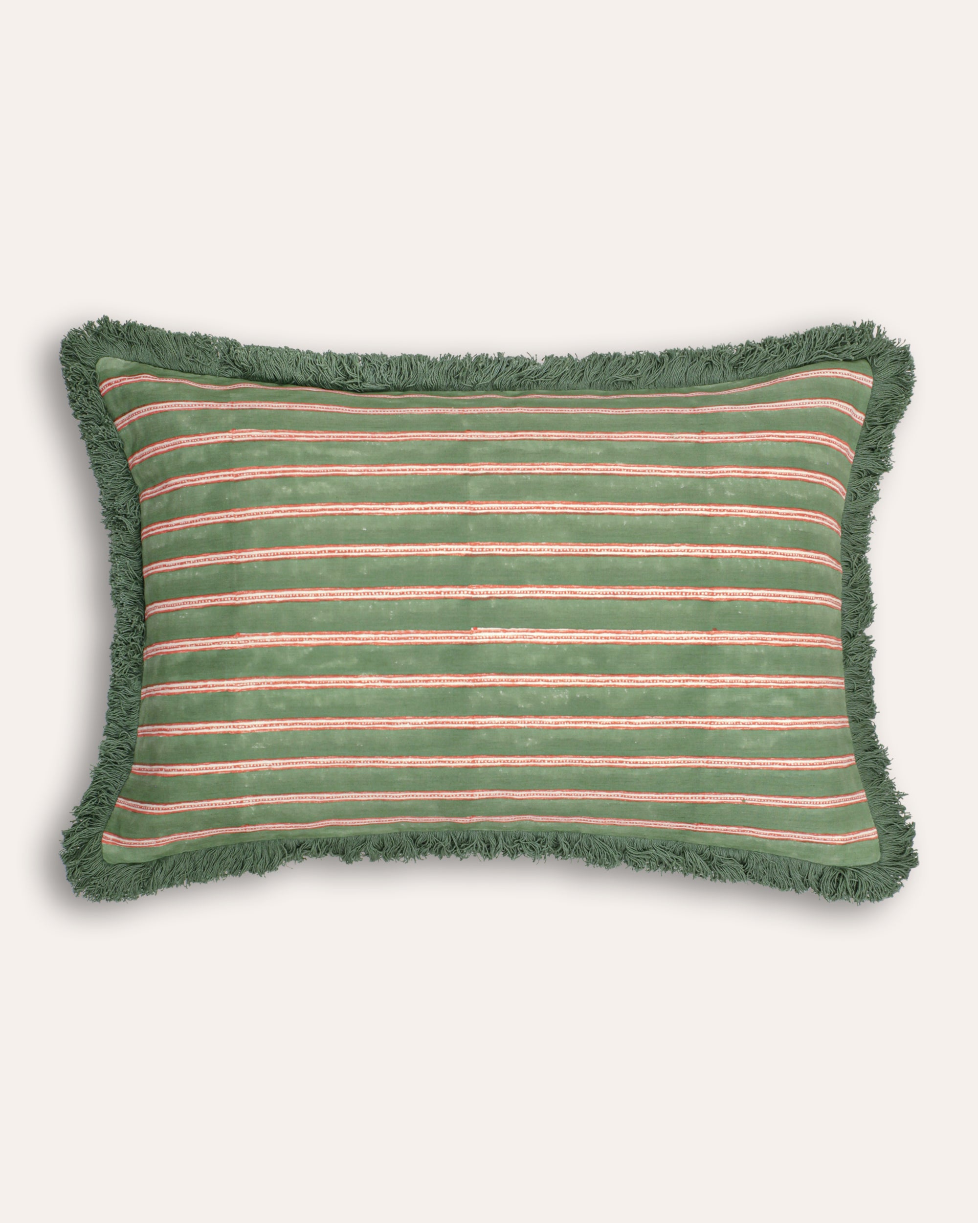 A rectangular cushion with a striped pattern in moss green and pink colors, featuring a fringe edging.
