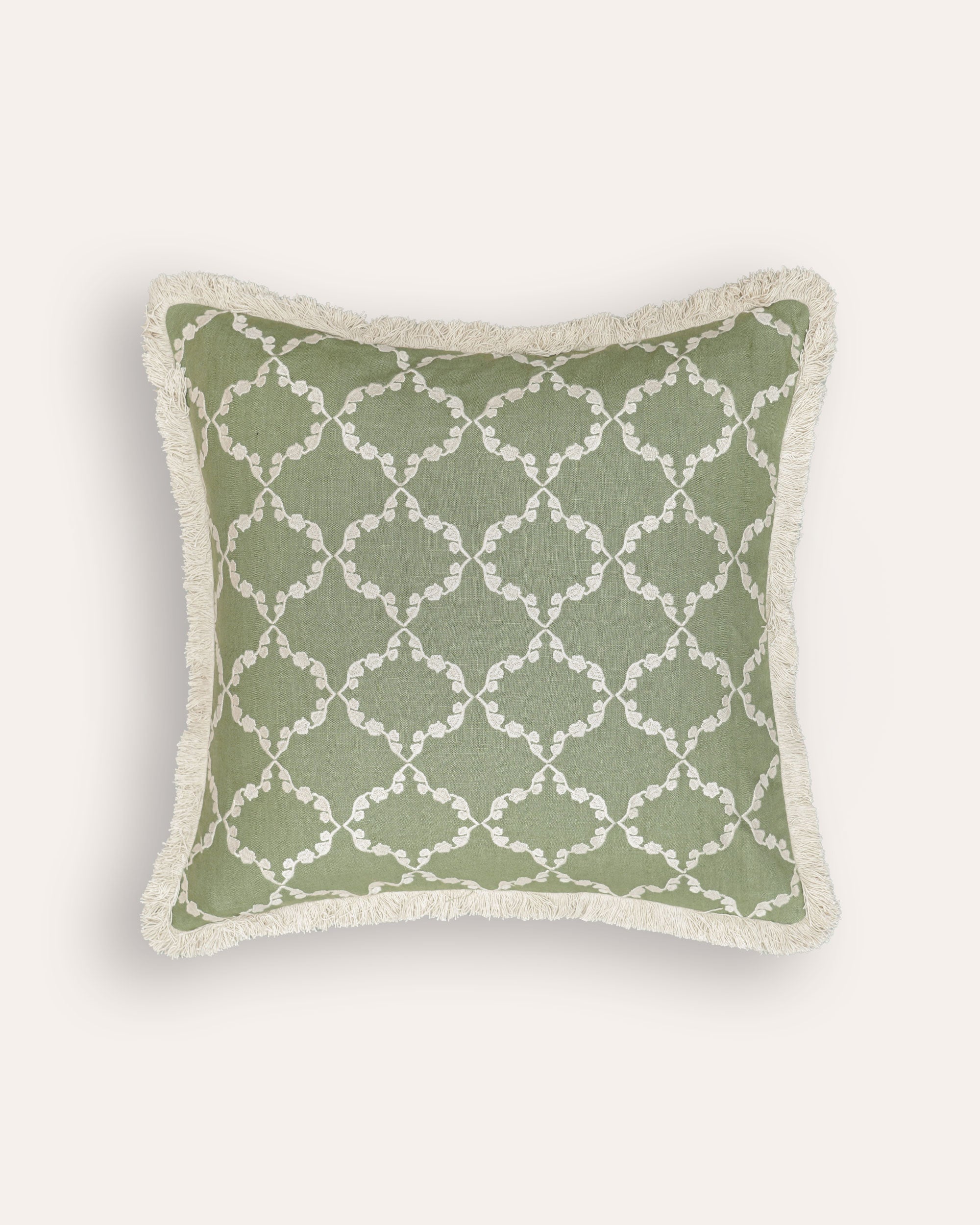 Embroidered Linen Cushion - Green