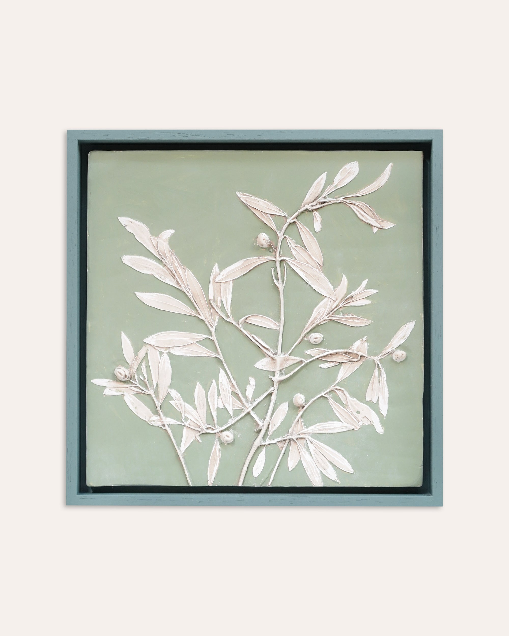 Framed artwork by Imprint Casts of white leaves on a light green background