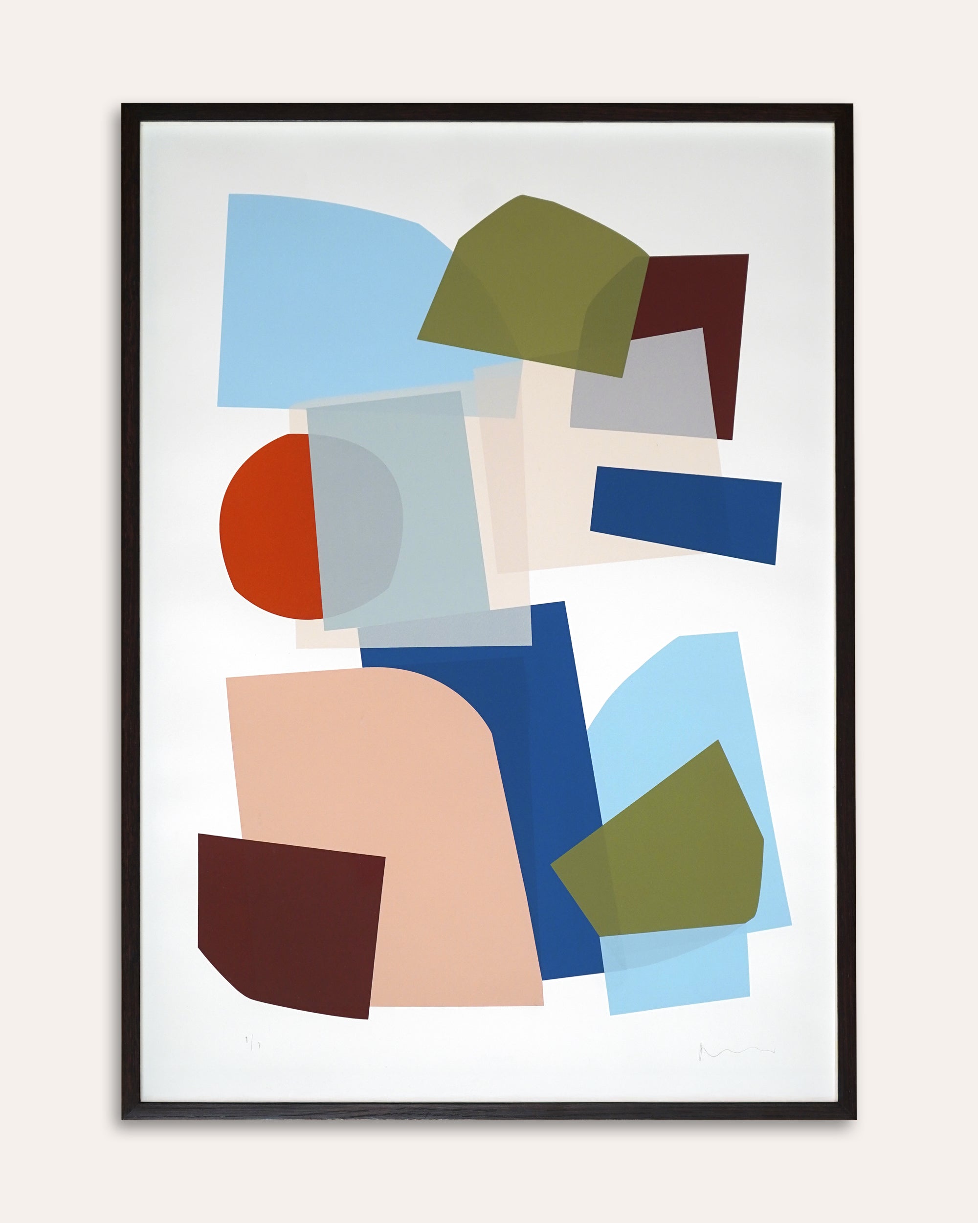 Framed abstract art print with colorful geometric shapes on a white background
