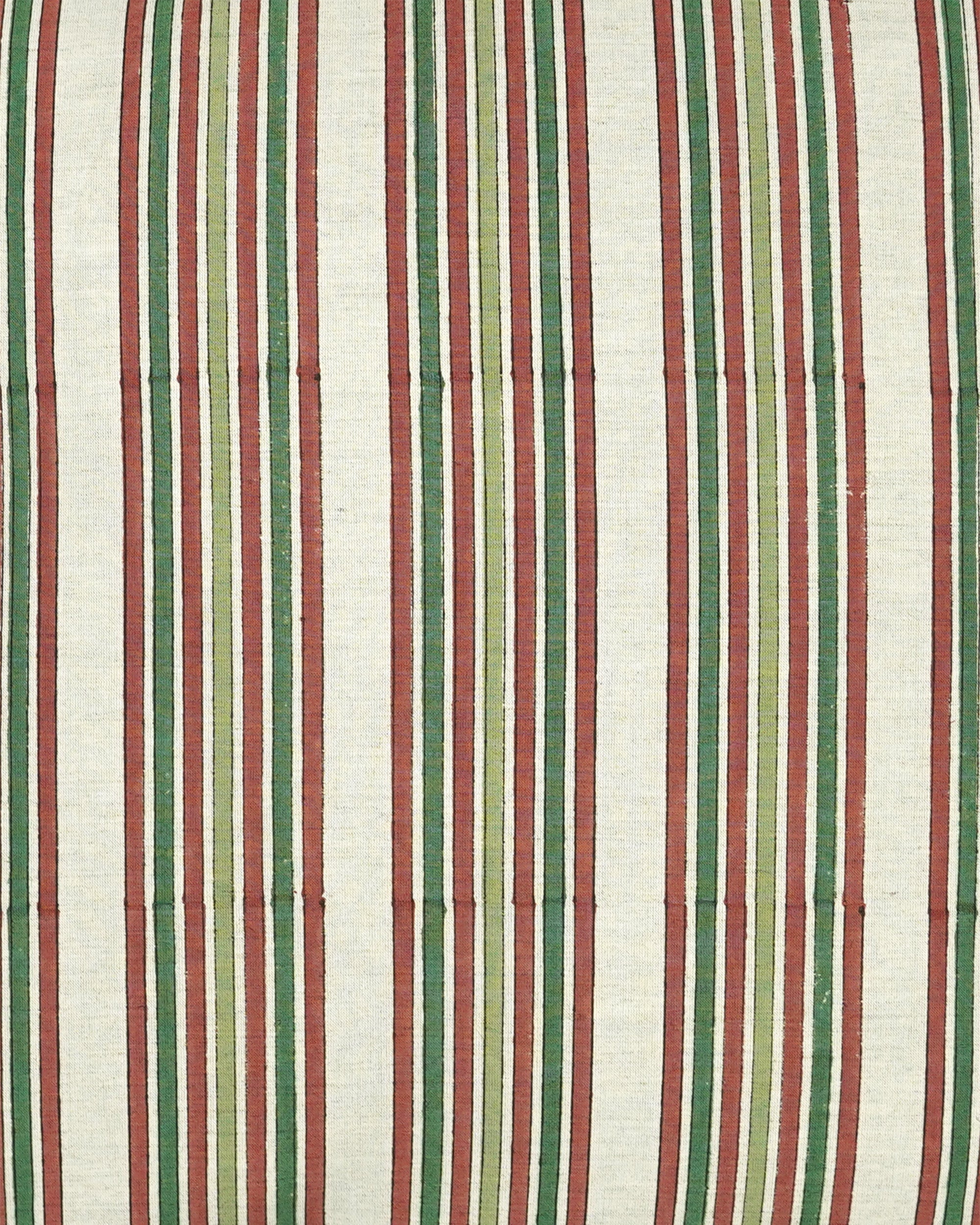 Close up detail image of the striped green and red pattern on the Kurna striped cushion.
