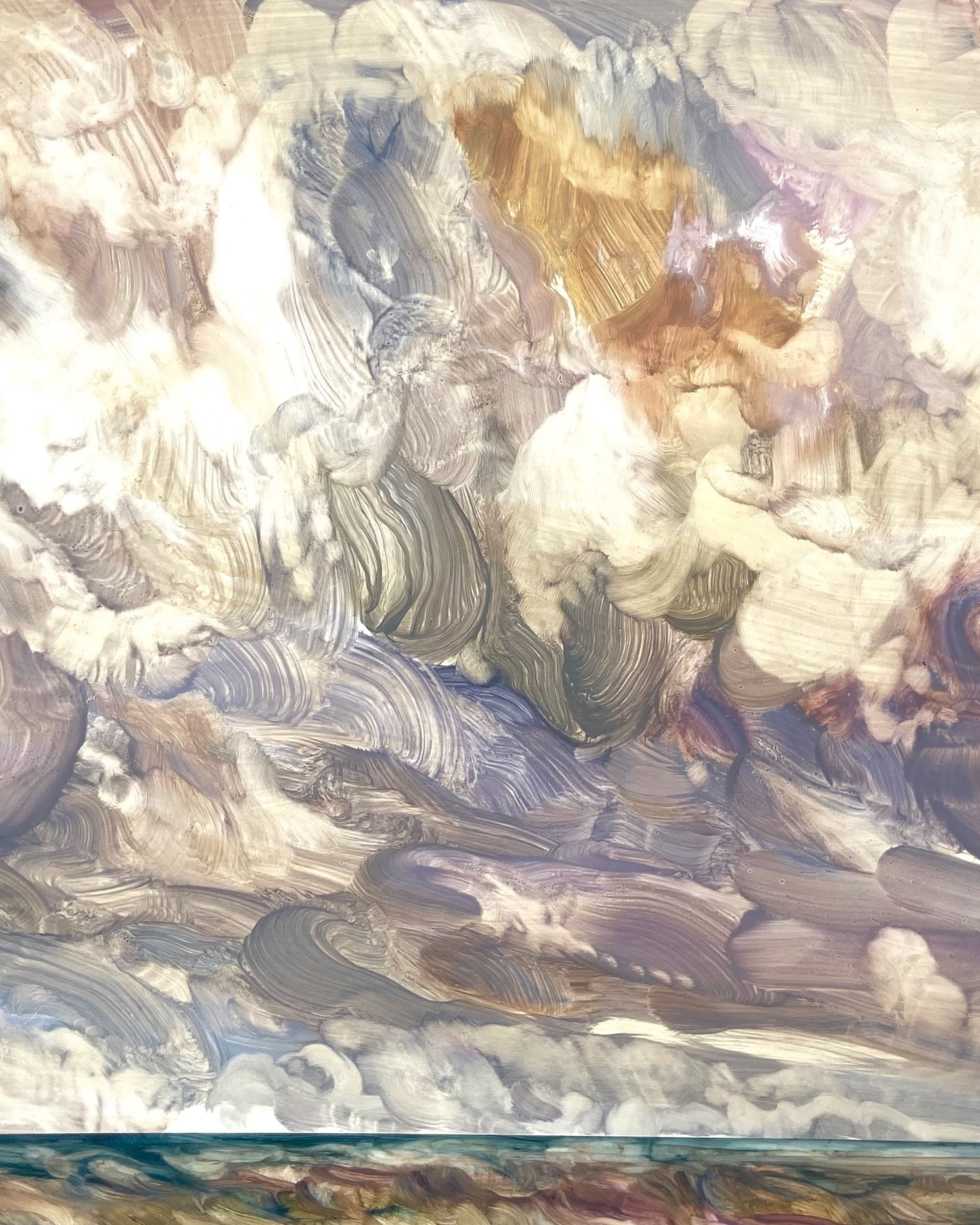 An abstract painting depicting textured, swirling clouds in shades of white, grey, beige, and soft purple, with a thin strip of blue and brown at the bottom.