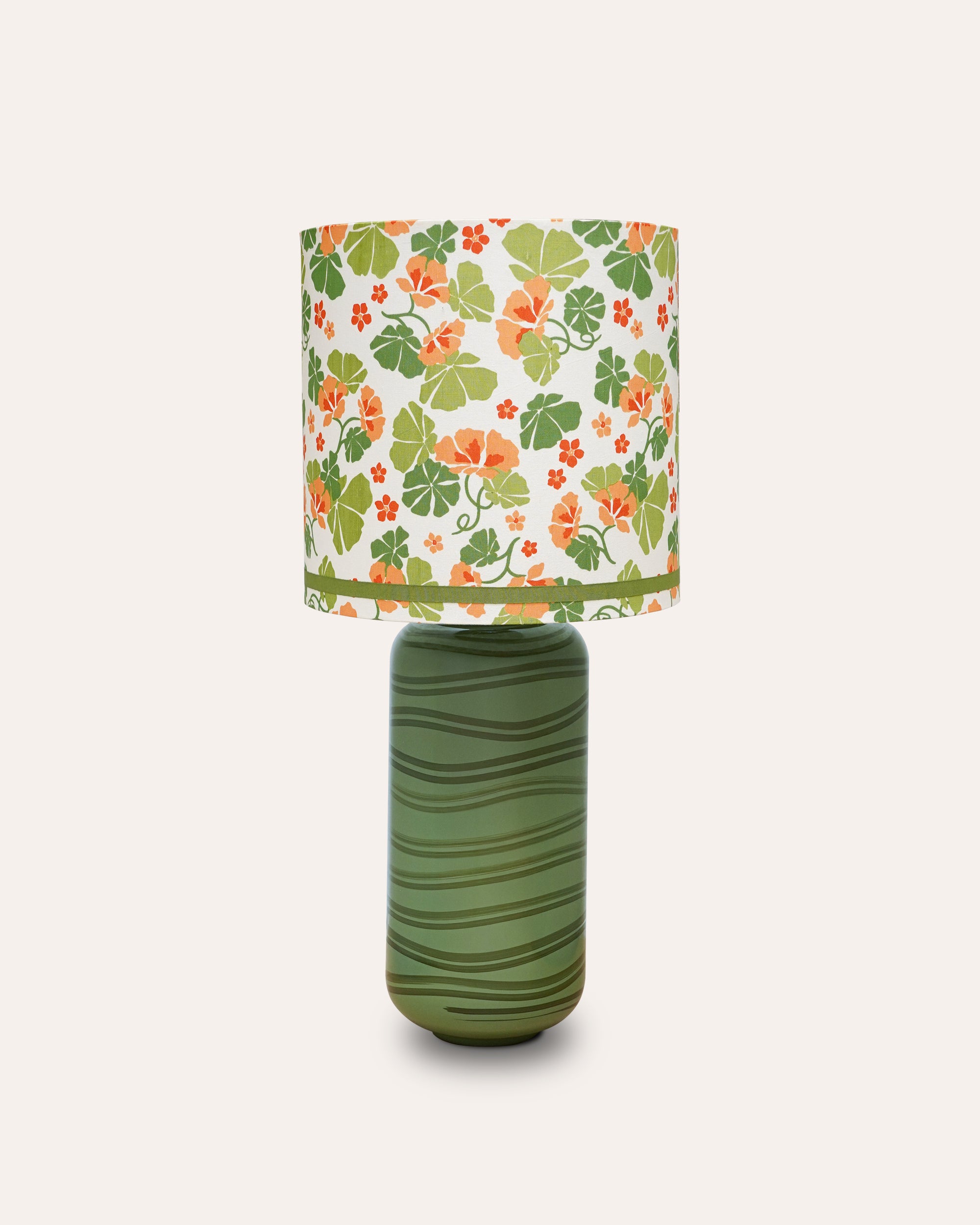The green Maypole lamp base paired with the Nasturtium drum shade - The Nasturtium collection