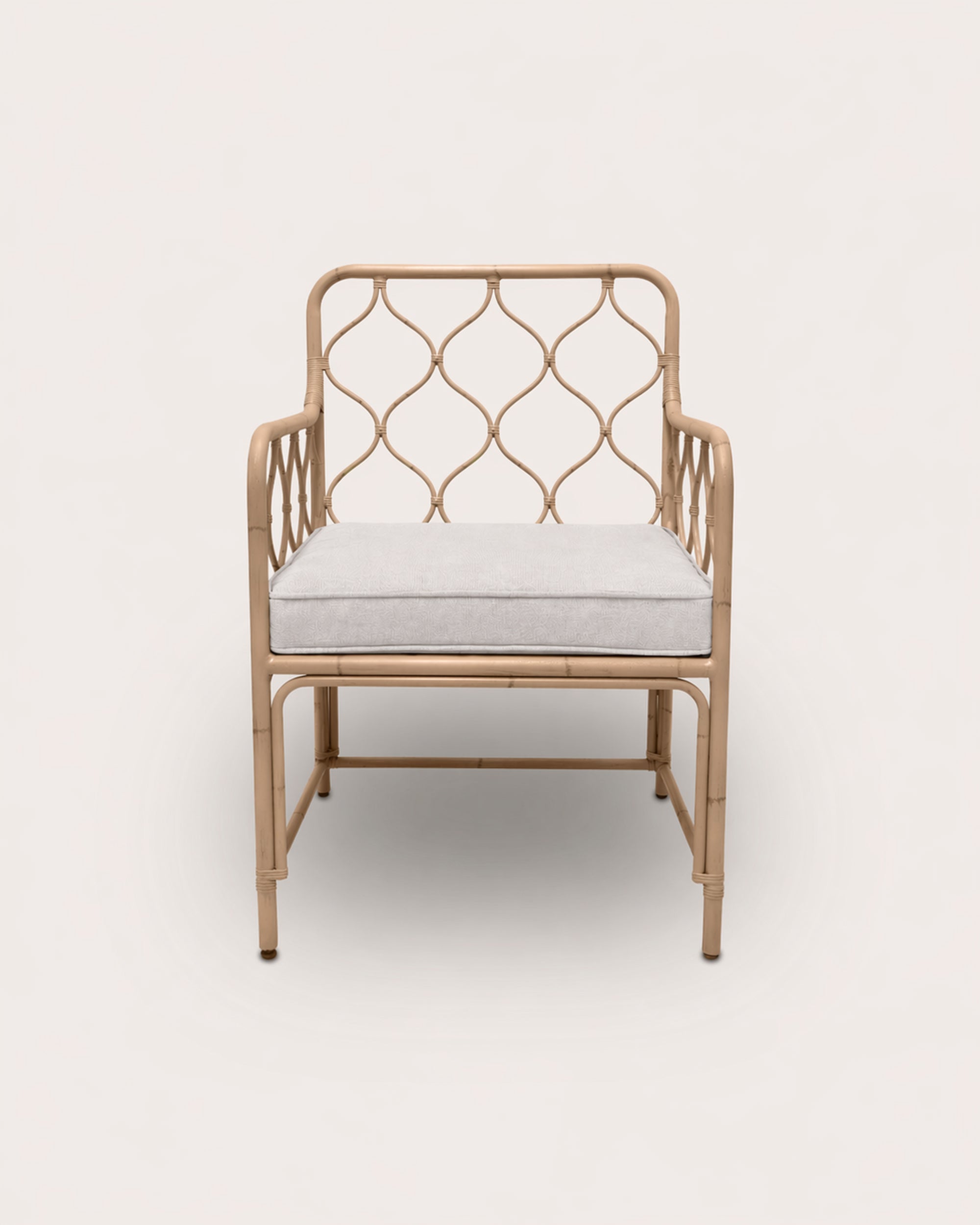 Beige aluminium armchair with decorative backrest on a white background
