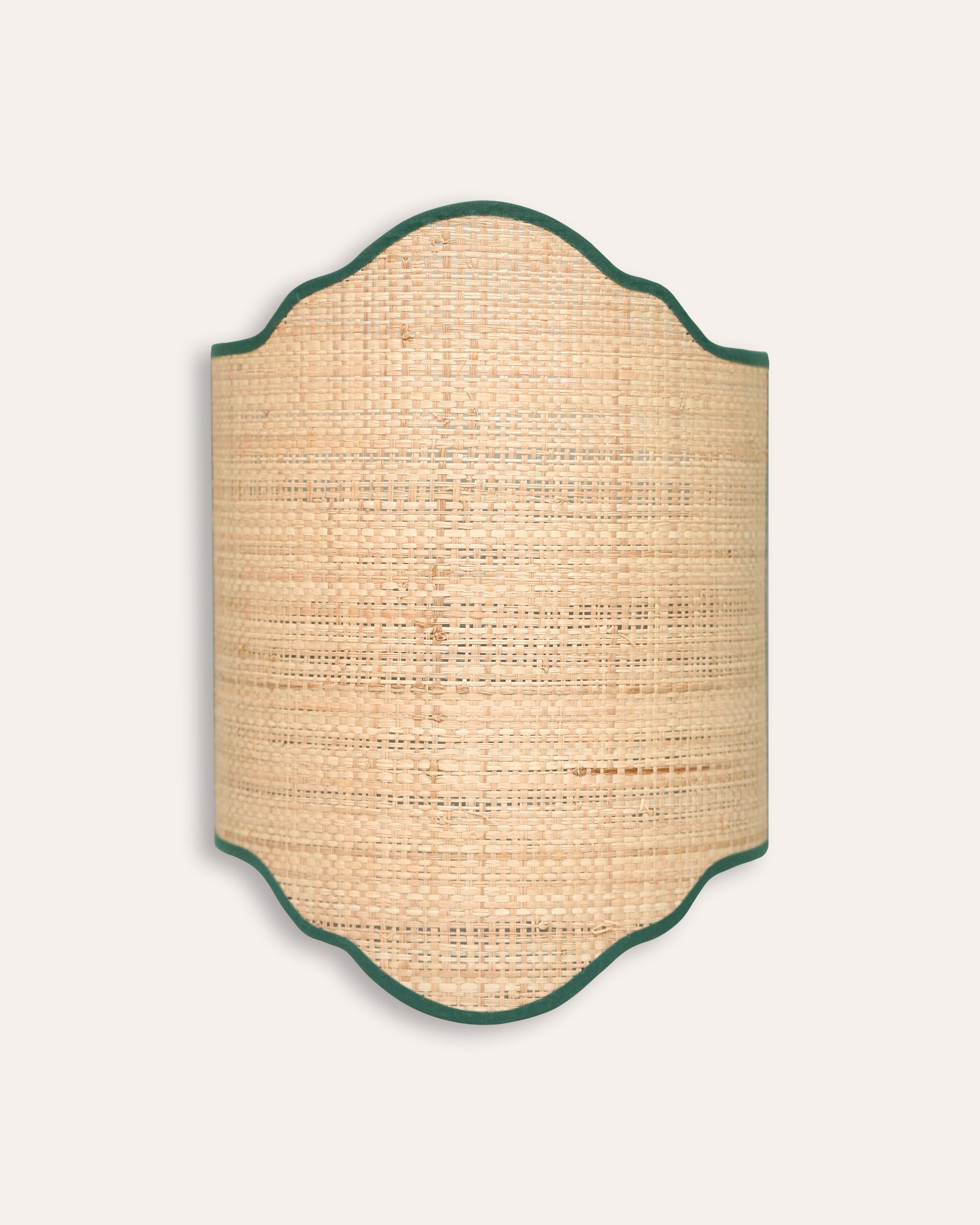 A 22cm raffia candle shade with a forest green border, designed to fit over a candle bulb.