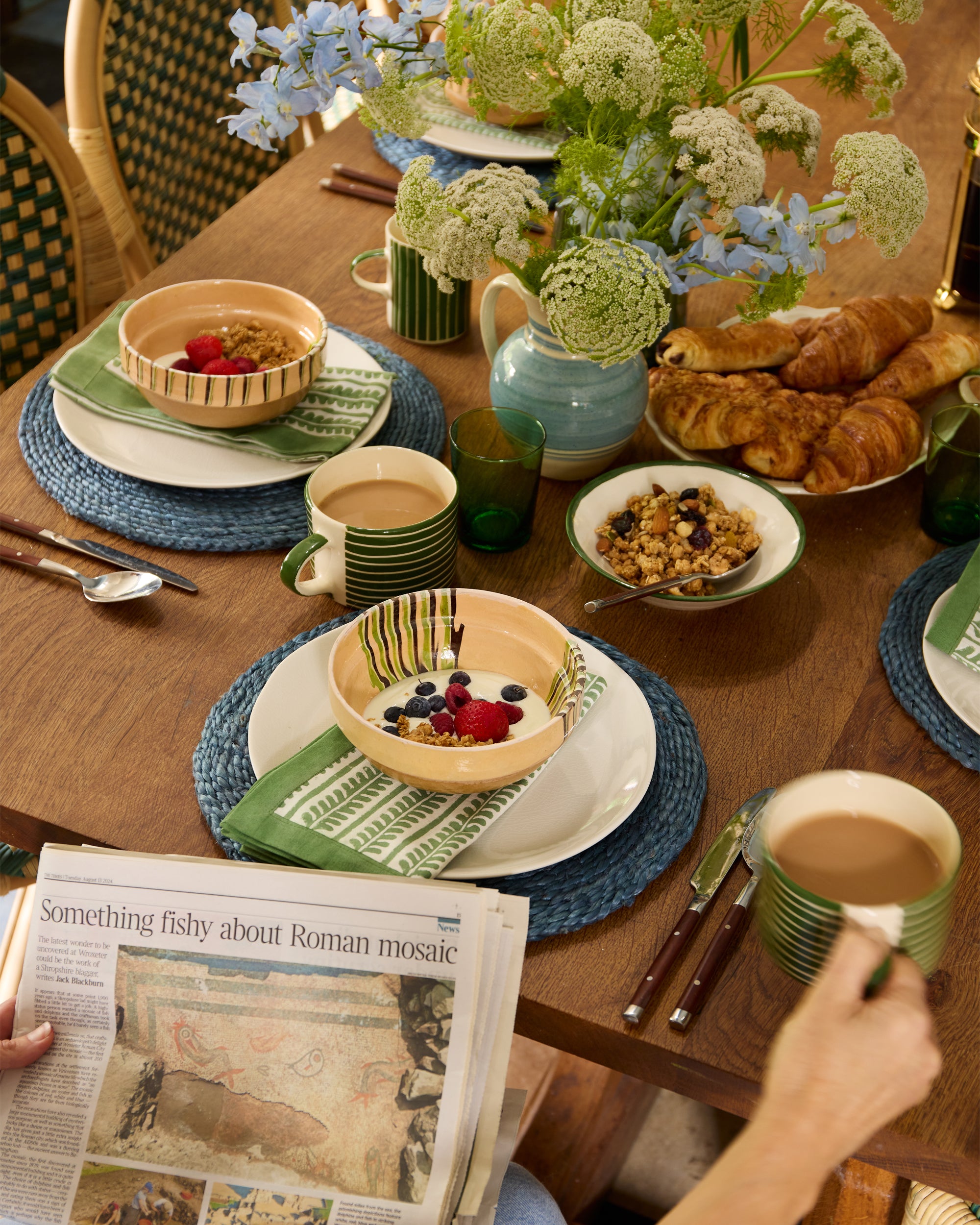 Dining table set with breakfast items, including coffee, pastries, and a newspaper.