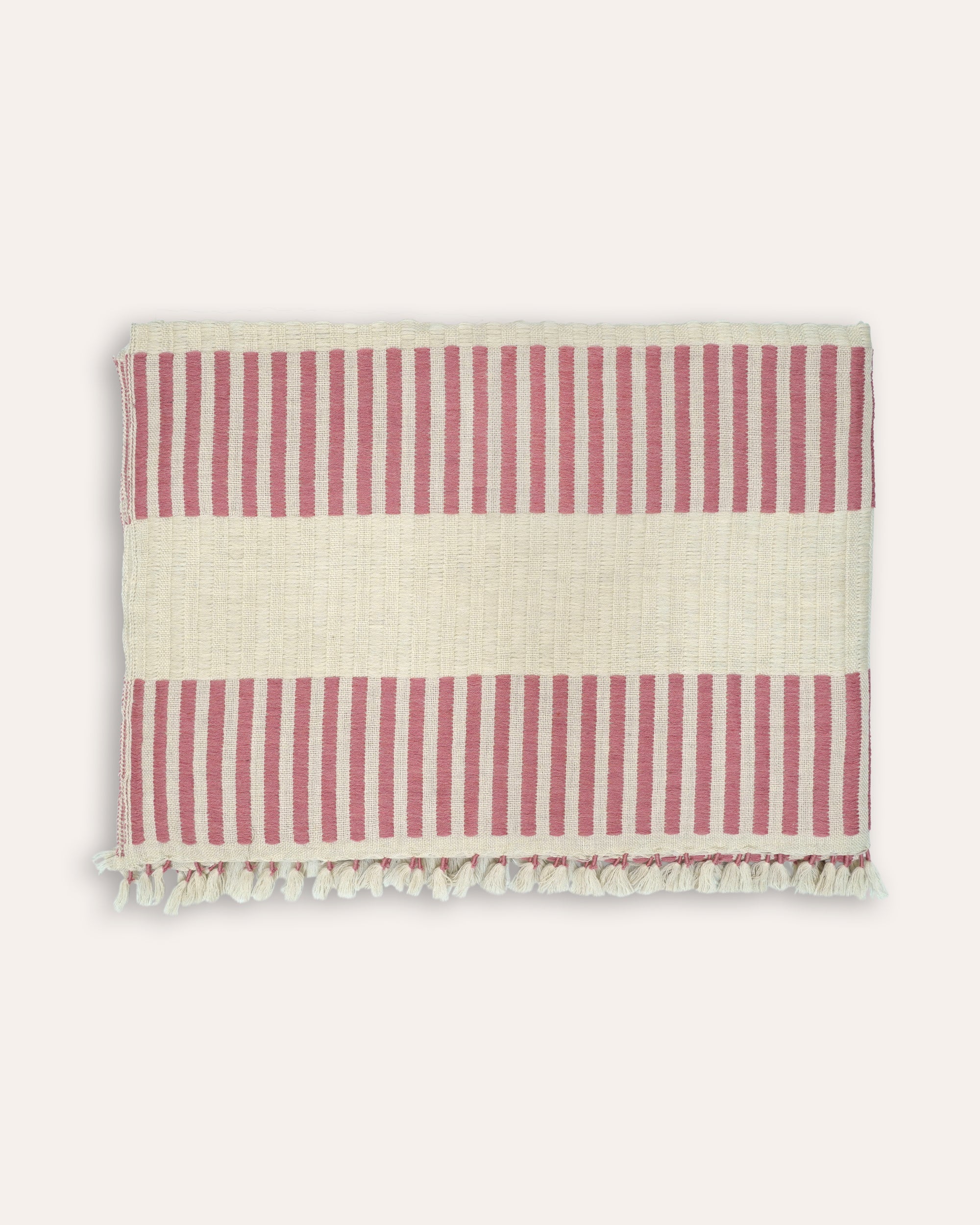 Pink and taupe stripped Dopatti rectangular throw with a tassle border