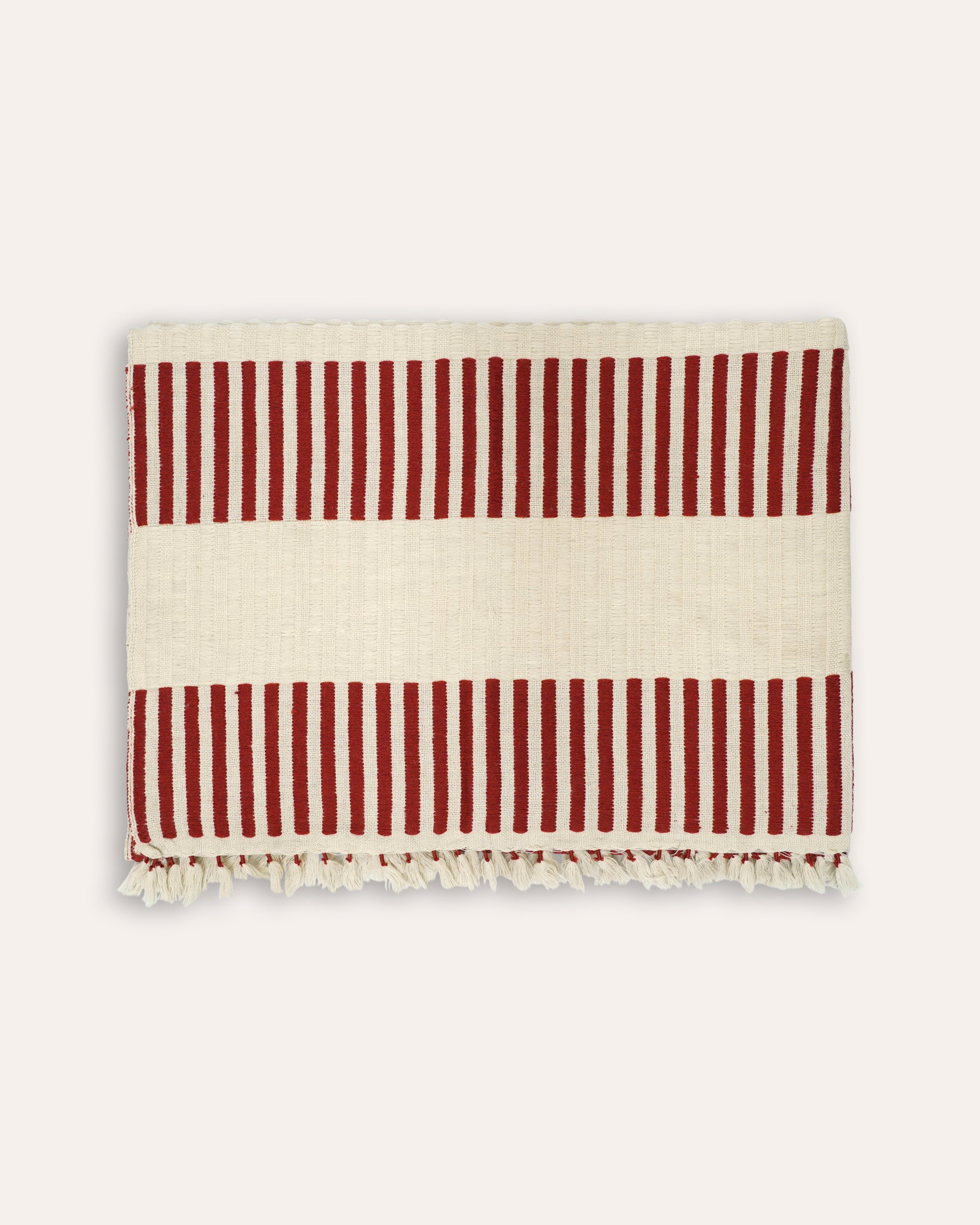 Red and taupe stripped Dopatti rectangular throw with a tassle border