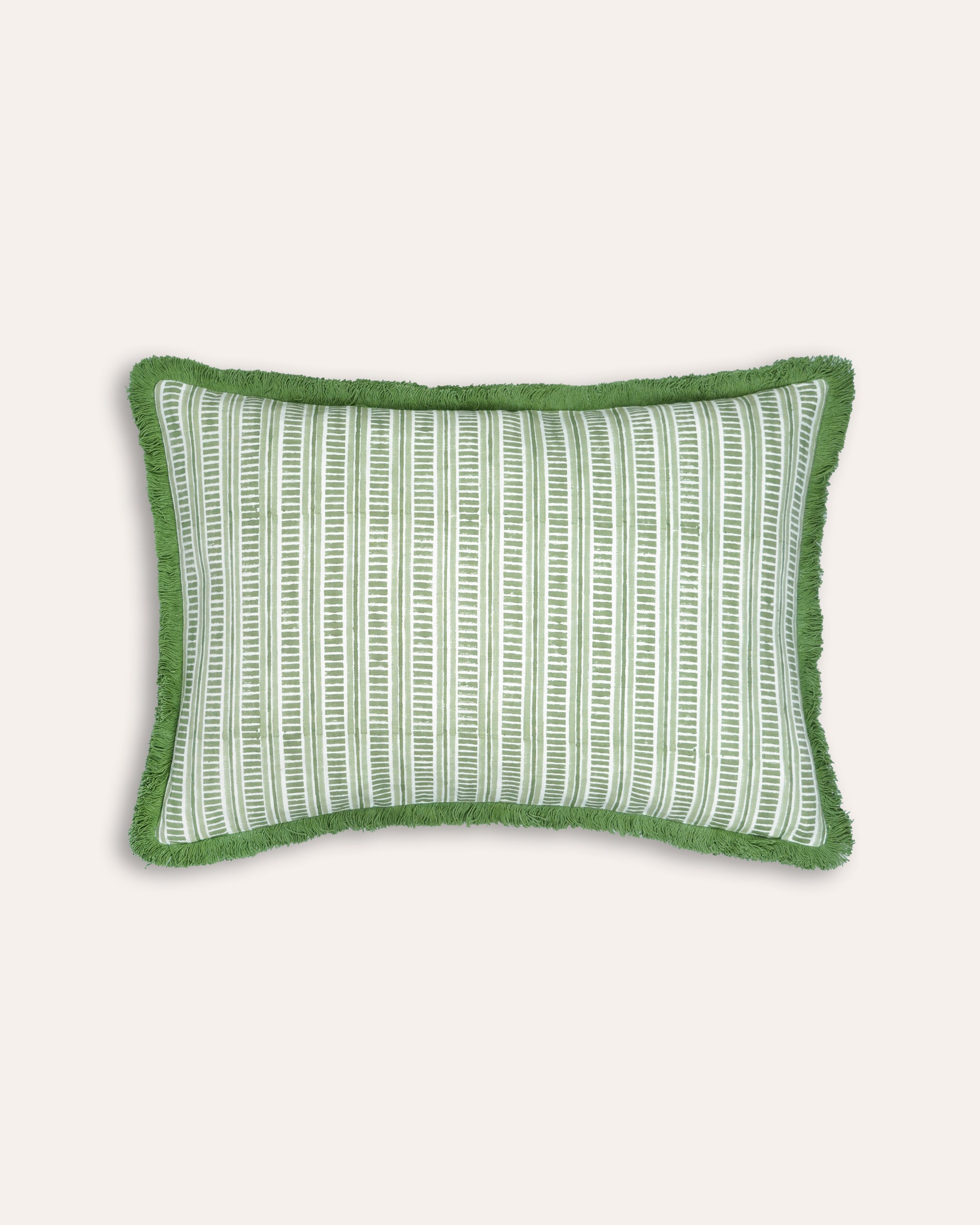 Green and white block printed stripe patterned rectangular cushion